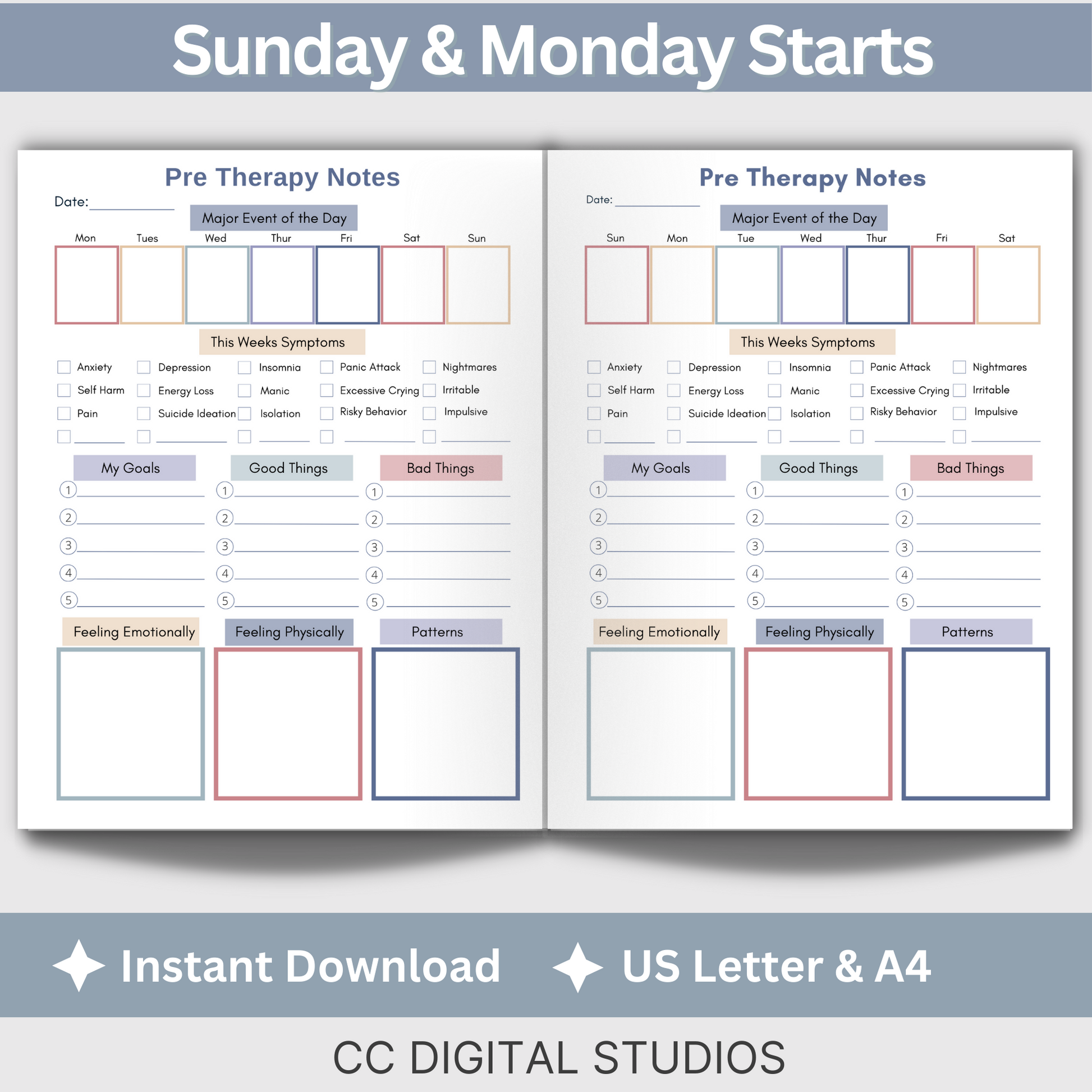 Pre and Post Therapy Notes. Therapy resource has spaces for your thoughts before and after therapy, a therapy session log for what happens during your sessions, and a cool therapy overview.