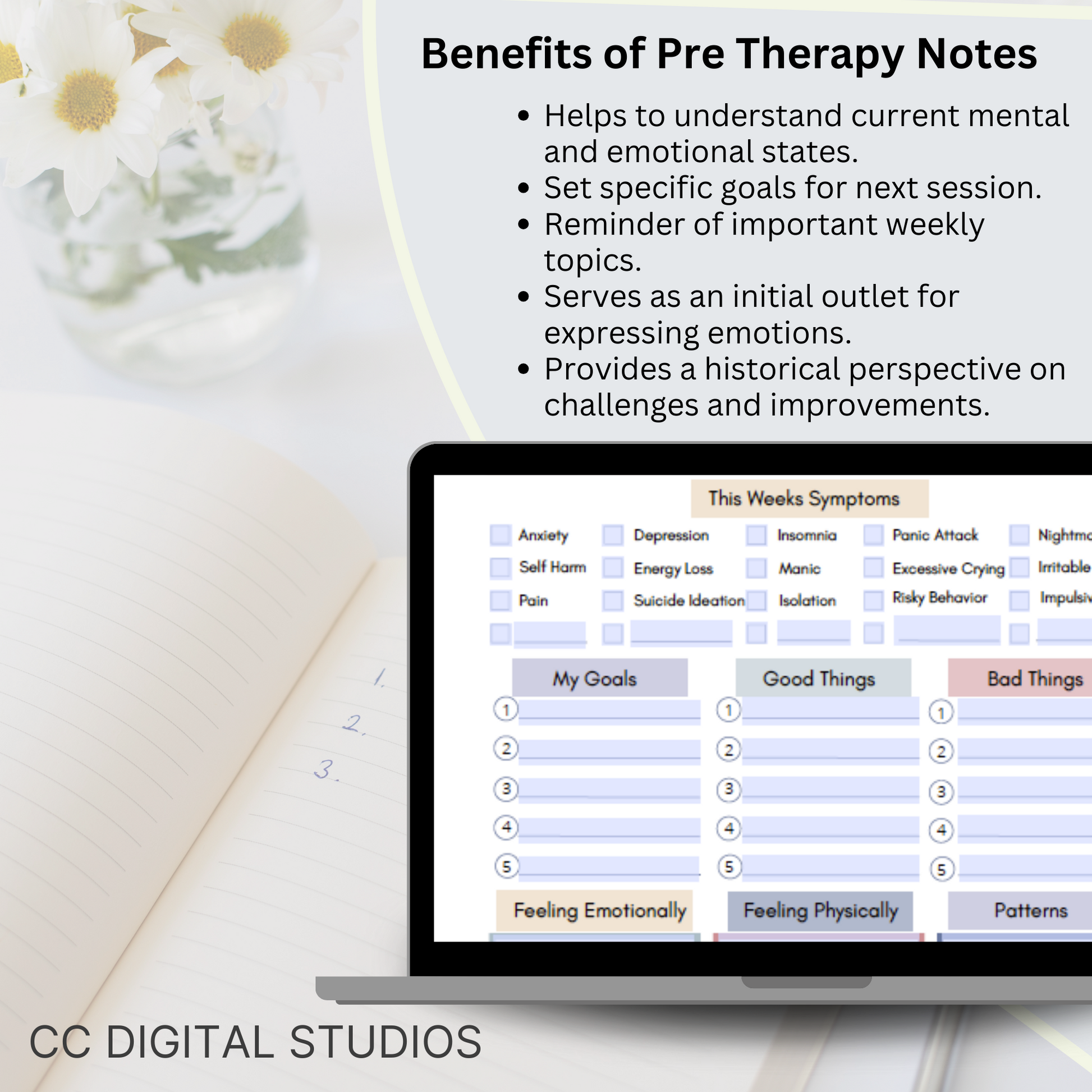 Pre and Post Therapy Notes. Therapy resource has spaces for your thoughts before and after therapy, a therapy session log for what happens during your sessions, and a cool therapy overview.