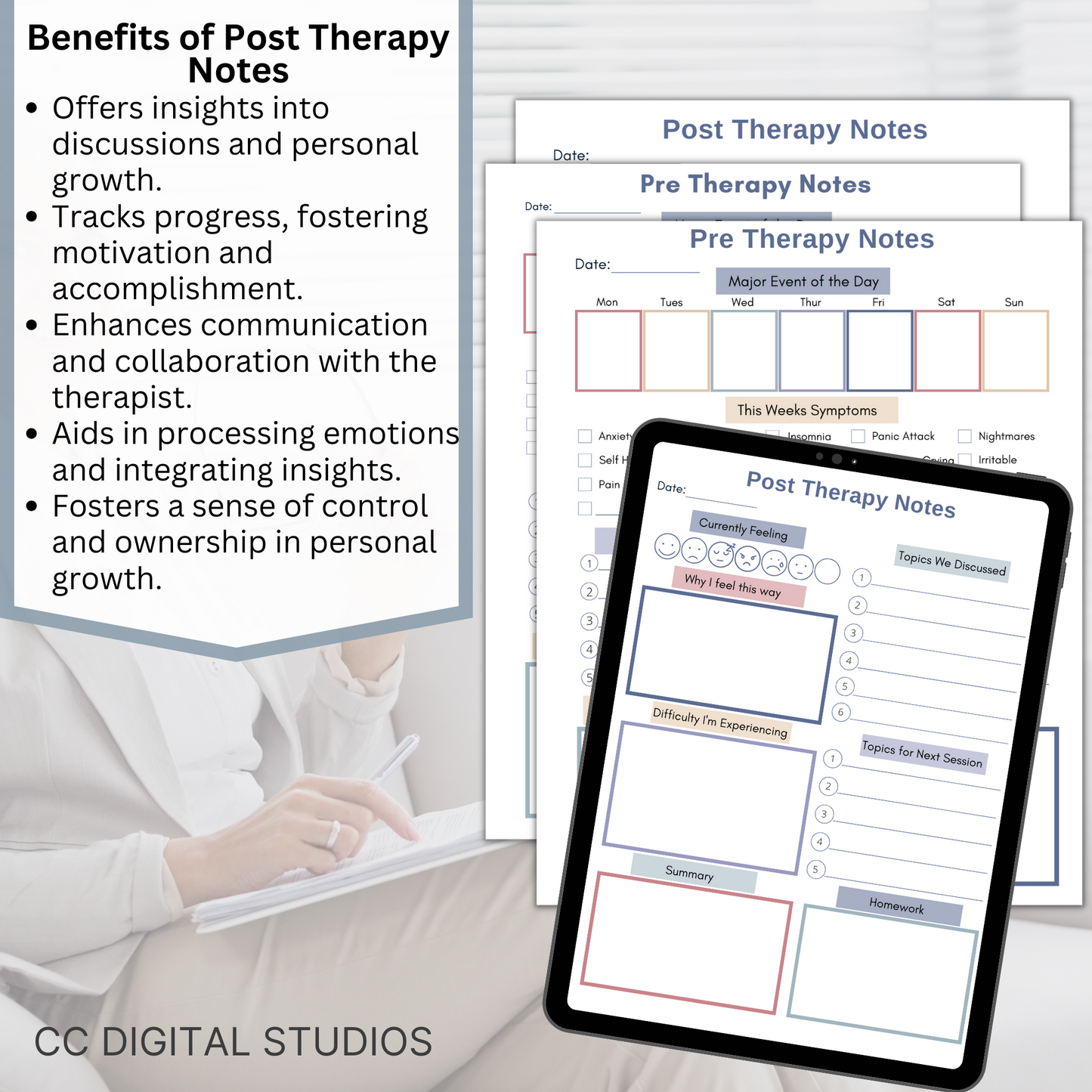 Pre and Post Therapy Notes. Therapy resource has spaces for your thoughts before and after therapy, a therapy session log for what happens during your sessions, and a cool therapy overview.