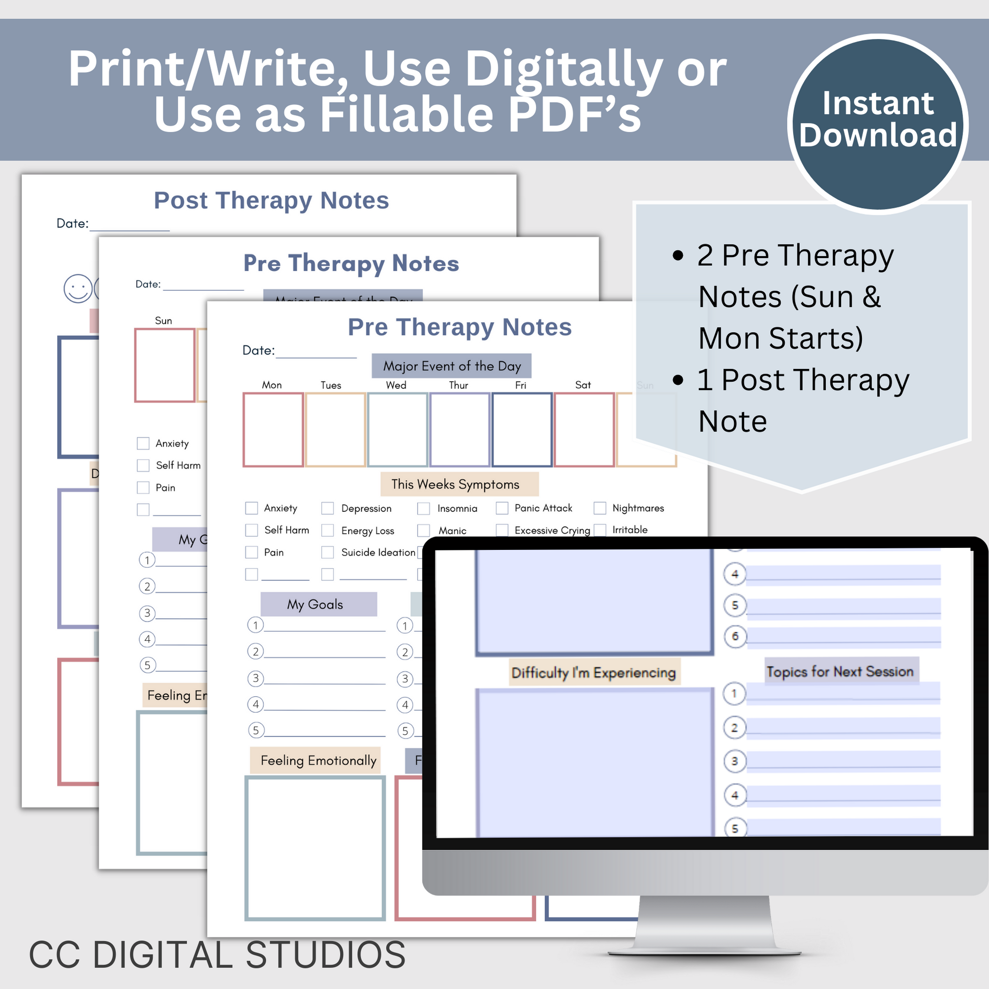 Pre and Post Therapy Notes. Therapy resource has spaces for your thoughts before and after therapy, a therapy session log for what happens during your sessions, and a cool therapy overview.