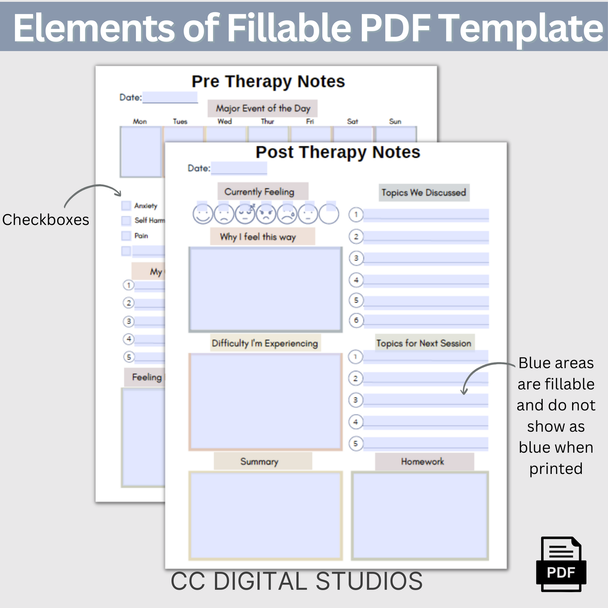 Pre and Post Therapy Notes. Therapy resource has spaces for your thoughts before and after therapy, a therapy session log for what happens during your sessions, and a cool therapy overview.