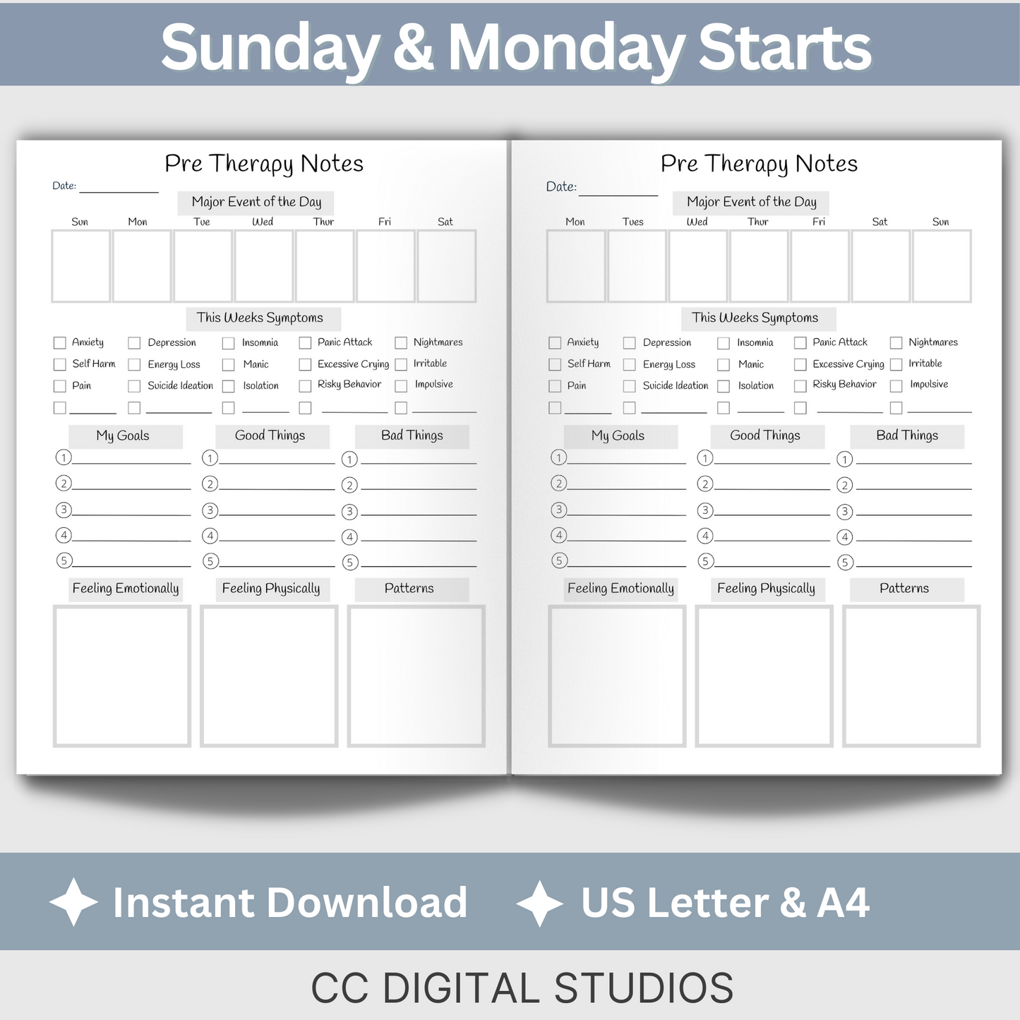 Pre and Post Therapy Notes. Therapy resource has spaces for your thoughts before and after therapy, a therapy session log for what happens during your sessions, and a cool therapy overview.