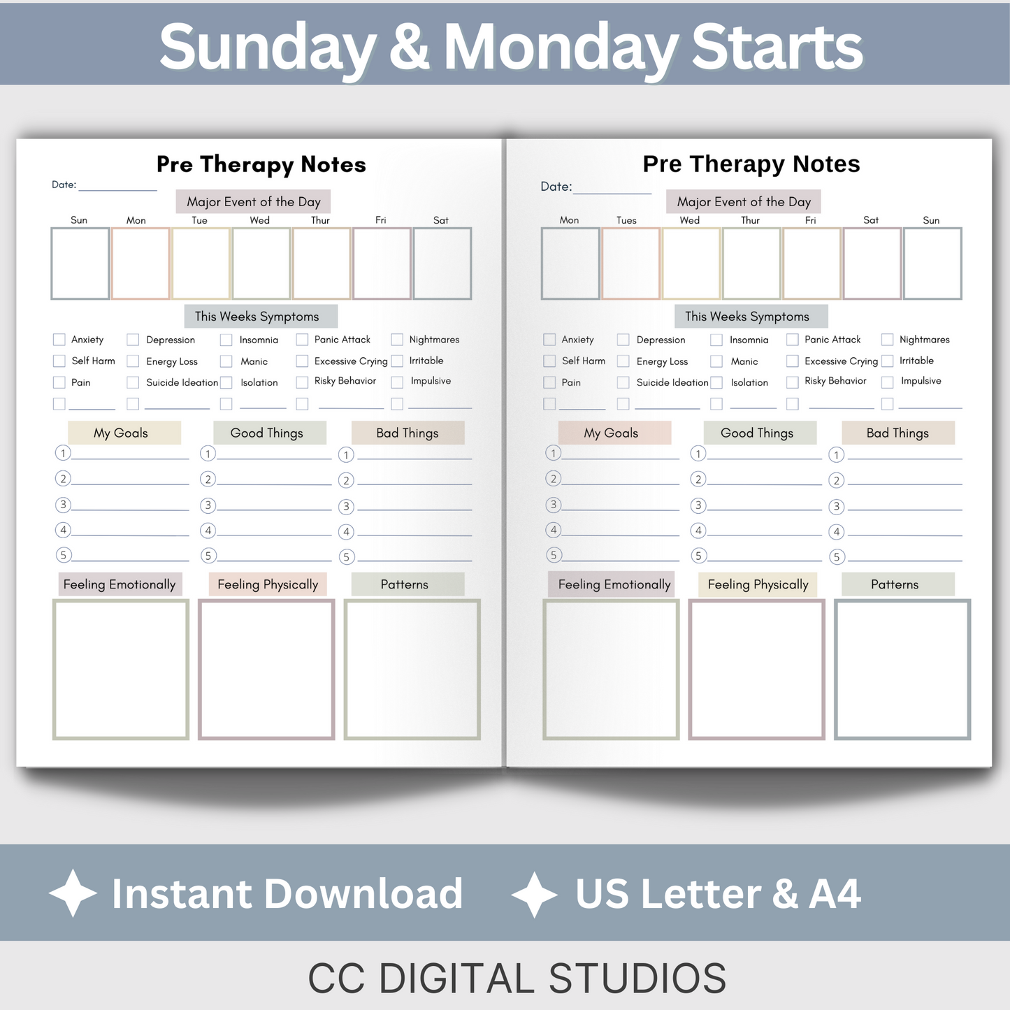 Pre and Post Therapy Notes. Therapy resource has spaces for your thoughts before and after therapy, a therapy session log for what happens during your sessions, and a cool therapy overview.