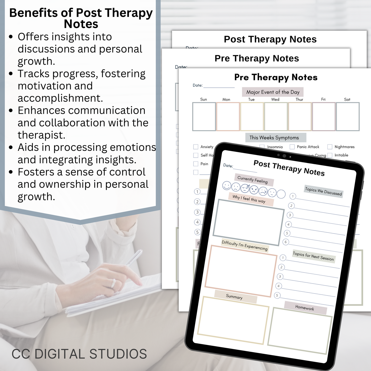 Pre and Post Therapy Notes. Therapy resource has spaces for your thoughts before and after therapy, a therapy session log for what happens during your sessions, and a cool therapy overview.