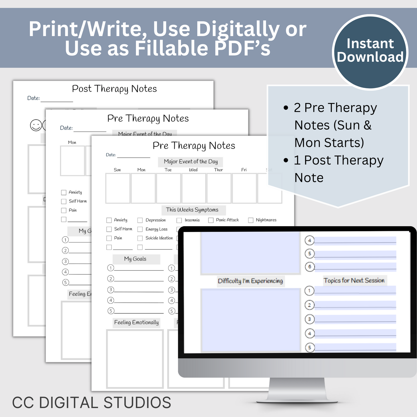 Pre and Post Therapy Notes. Therapy resource has spaces for your thoughts before and after therapy, a therapy session log for what happens during your sessions, and a cool therapy overview.