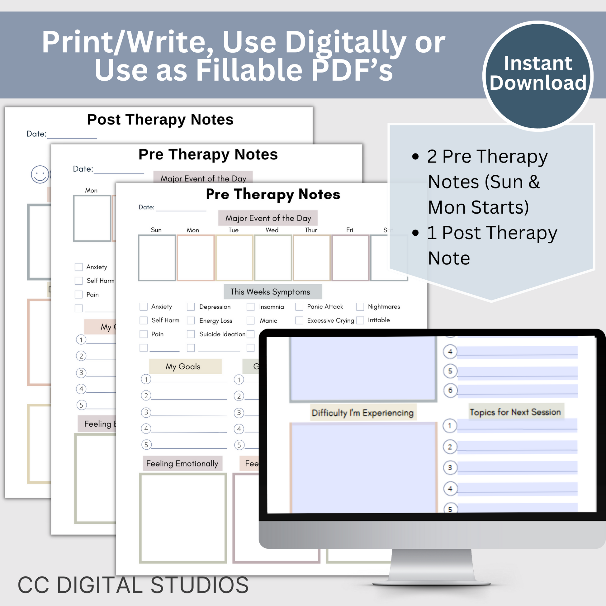 Pre and Post Therapy Notes. Therapy resource has spaces for your thoughts before and after therapy, a therapy session log for what happens during your sessions, and a cool therapy overview.