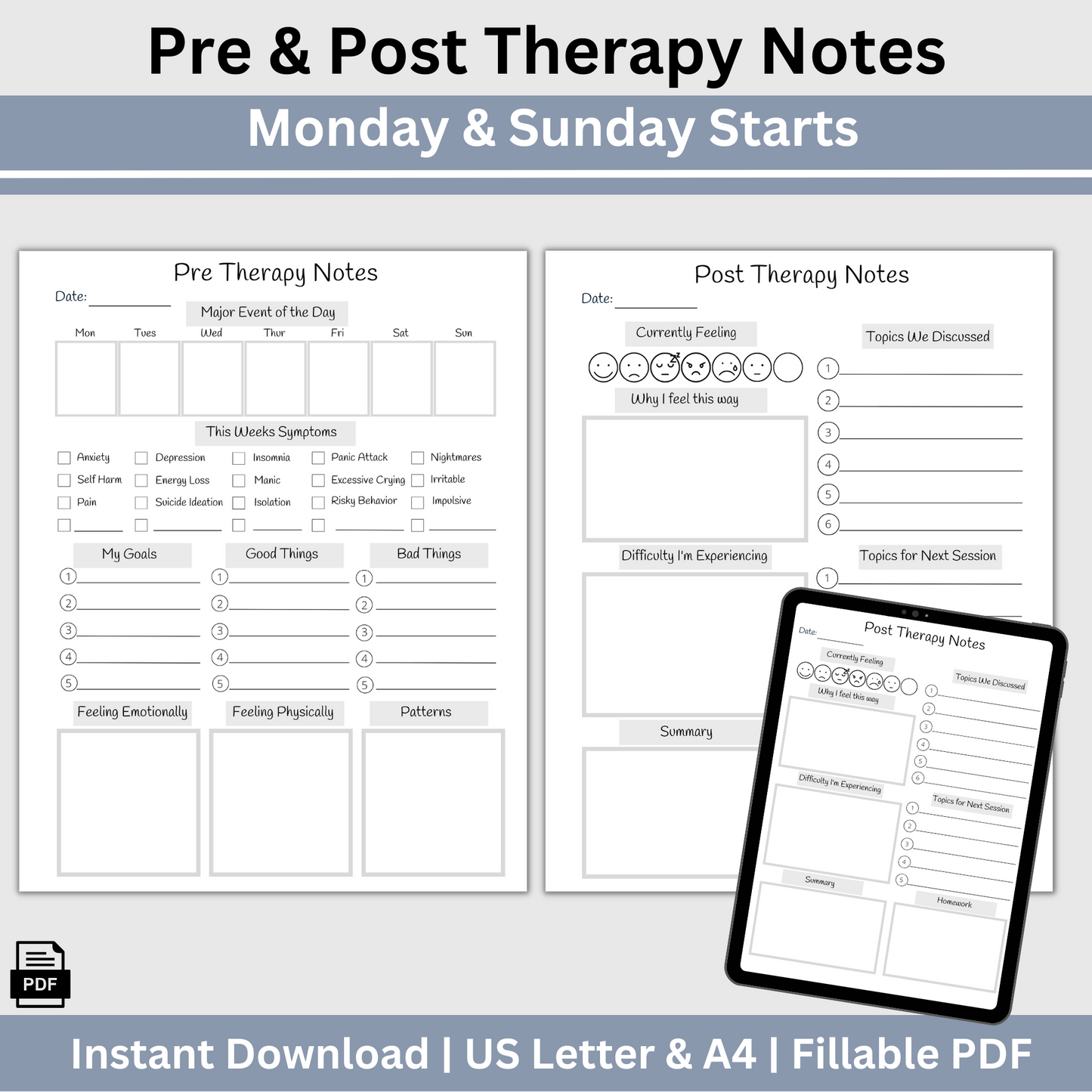 Pre and Post Therapy Notes. Therapy resource has spaces for your thoughts before and after therapy, a therapy session log for what happens during your sessions, and a cool therapy overview.