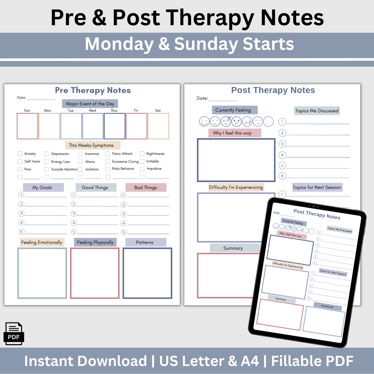 Pre and Post Therapy Notes. Therapy resource has spaces for your thoughts before and after therapy, a therapy session log for what happens during your sessions, and a cool therapy overview.