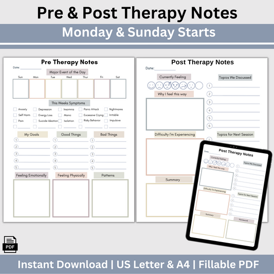 Pre and Post Therapy Notes. Therapy resource has spaces for your thoughts before and after therapy, a therapy session log for what happens during your sessions, and a cool therapy overview.