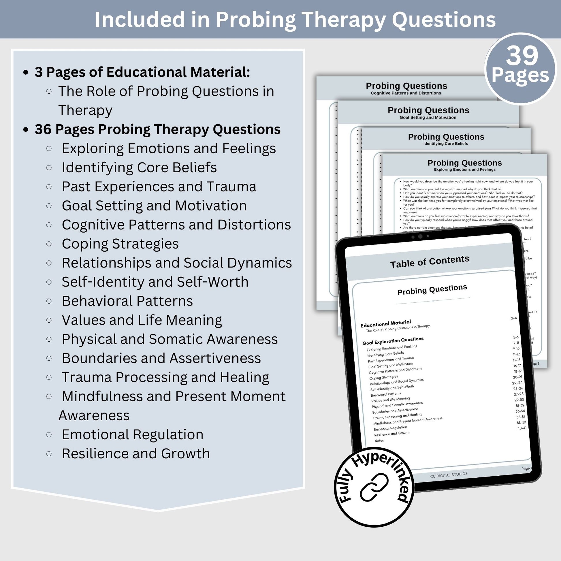 robing Therapy Questions.  This therapy tool provides thought-provoking, open-ended questions to help therapists guide their clients toward greater self-awareness, emotional growth, and meaningful progress.