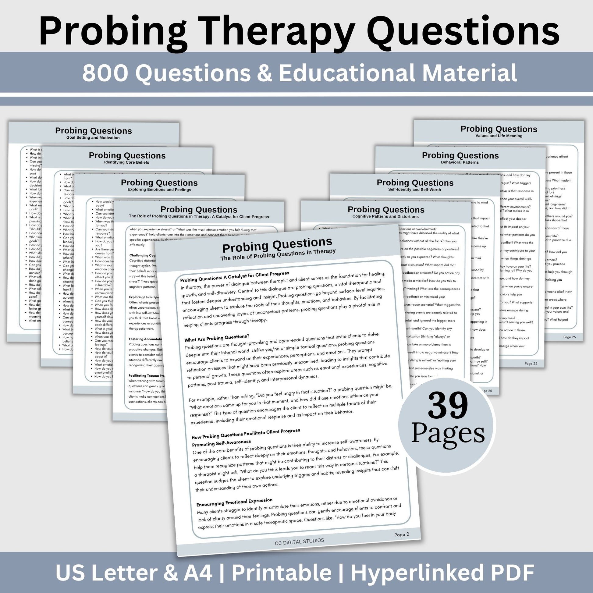 Probing Therapy Questions.  This therapy tool provides thought-provoking, open-ended questions to help therapists guide their clients toward greater self-awareness, emotional growth, and meaningful progress.