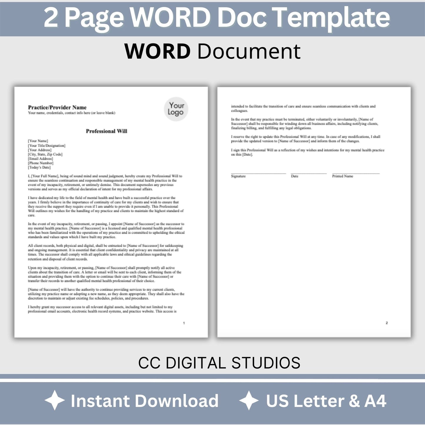 Ensure the continuity and responsible management of your mental health practice with this comprehensive Professional Will template tailored specifically for mental health professionals.