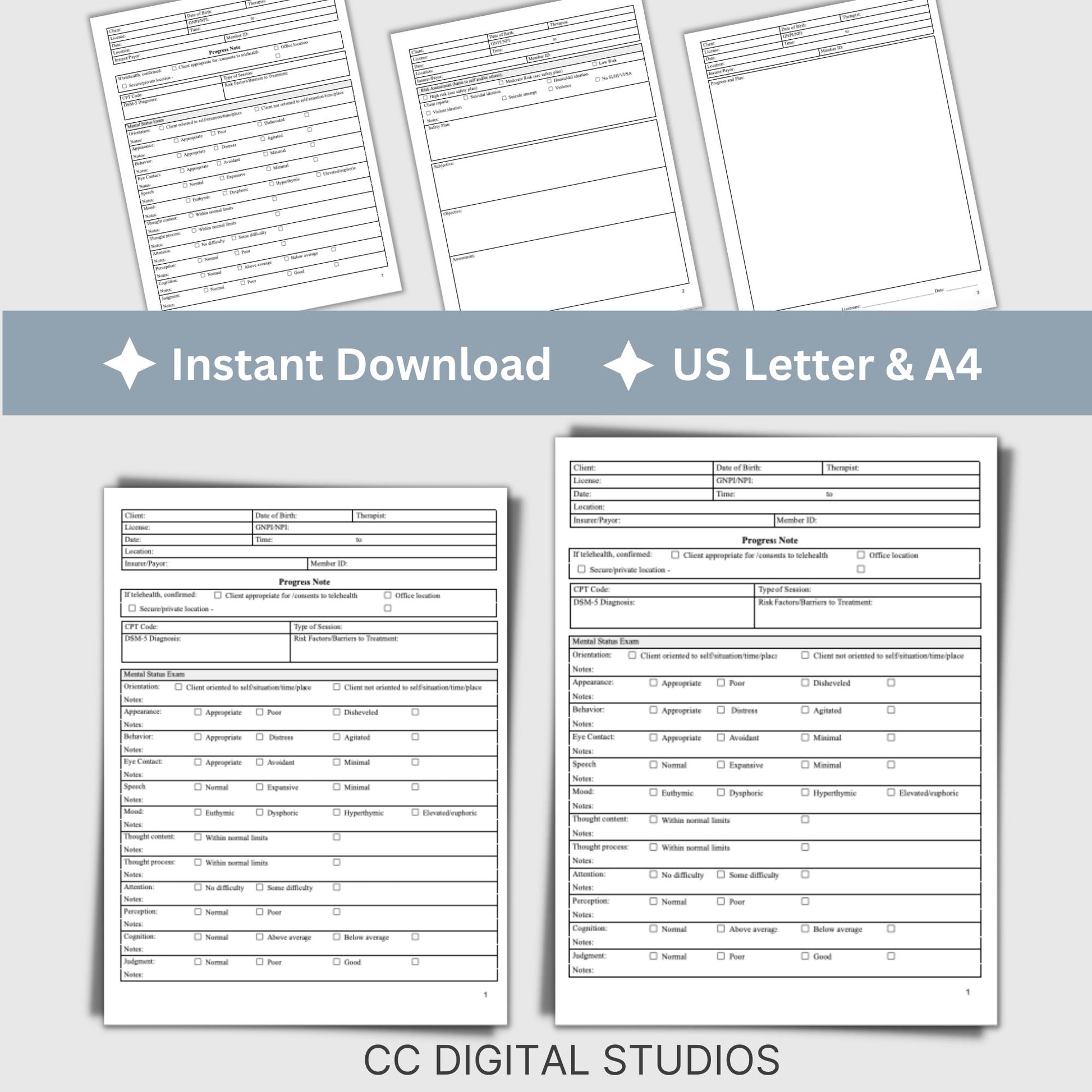 Progress note template with mental status exam (MSE) designed specially for mental health counselors and therapists.