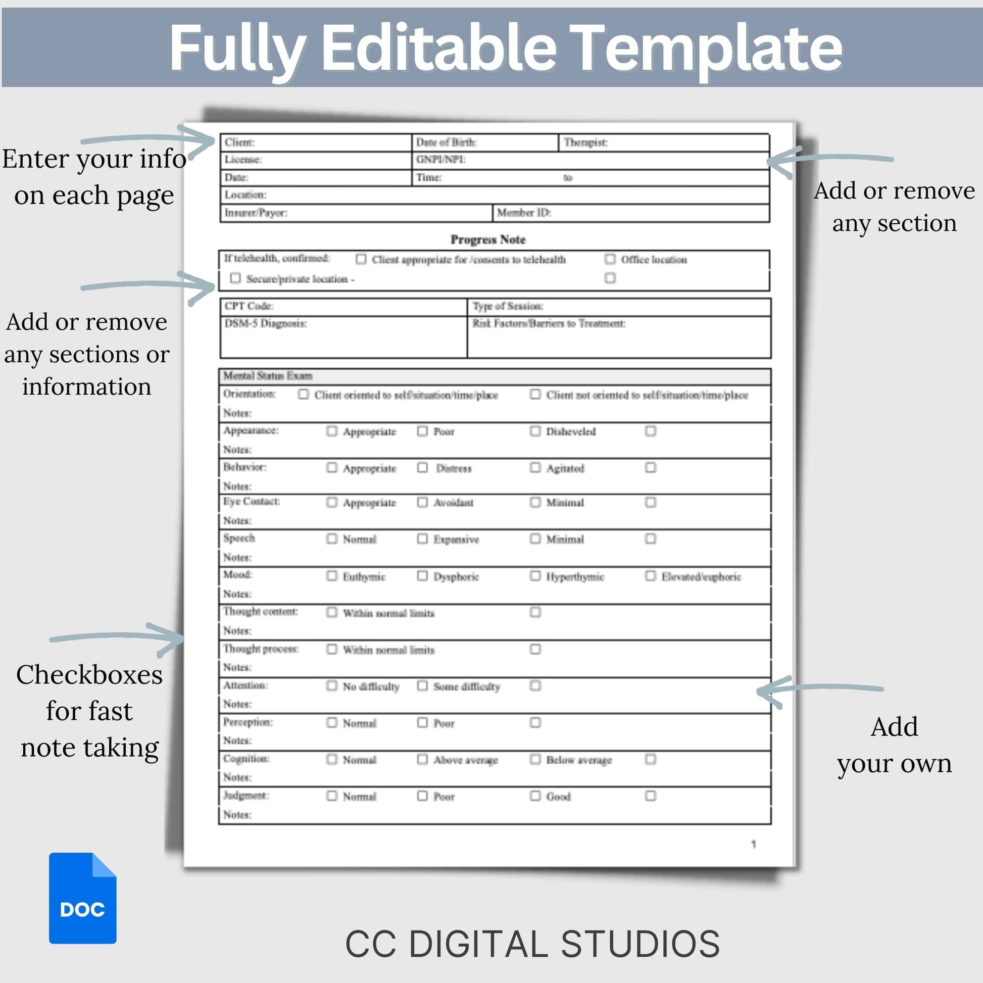 Progress note template with mental status exam (MSE) designed specially for mental health counselors and therapists. Elevate your counseling office with this template, crafted to streamline your therapy session notes Progress note template with mental status exam (MSE) designed specially for mental health counselors and therapists.