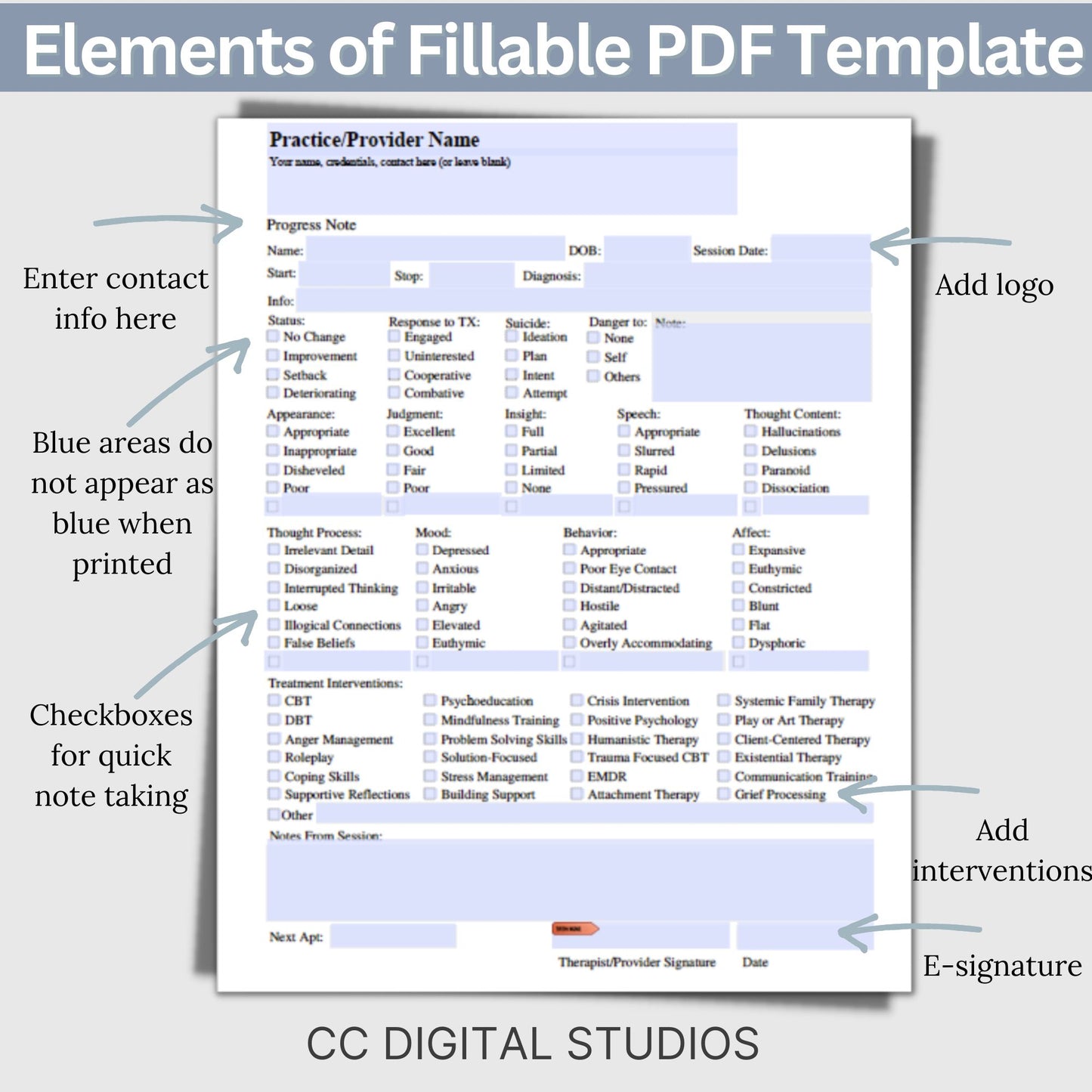 Convenient 1 page progress note template designed specially for Mental Health Counselors and Therapists. User-friendly template, crafted to streamline your therapy session notes and psychotherapy documentation.