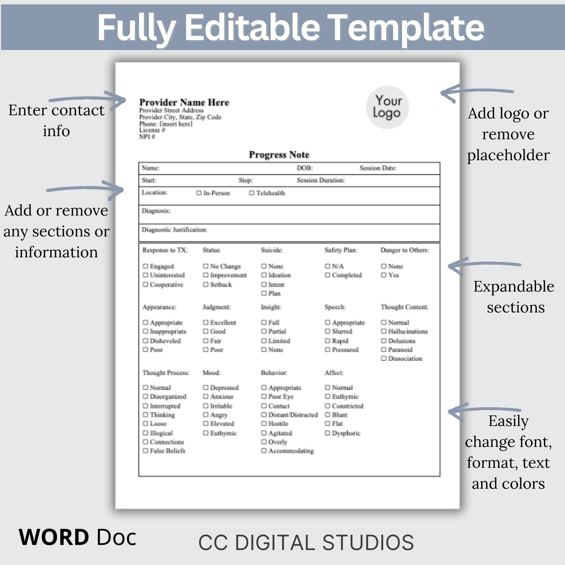 Progress note template, perfect for your therapy notes. &nbsp;This fully editable counseling template is designed specifically for therapists, psychologists, social workers, and counselors working in the field of mental health. 