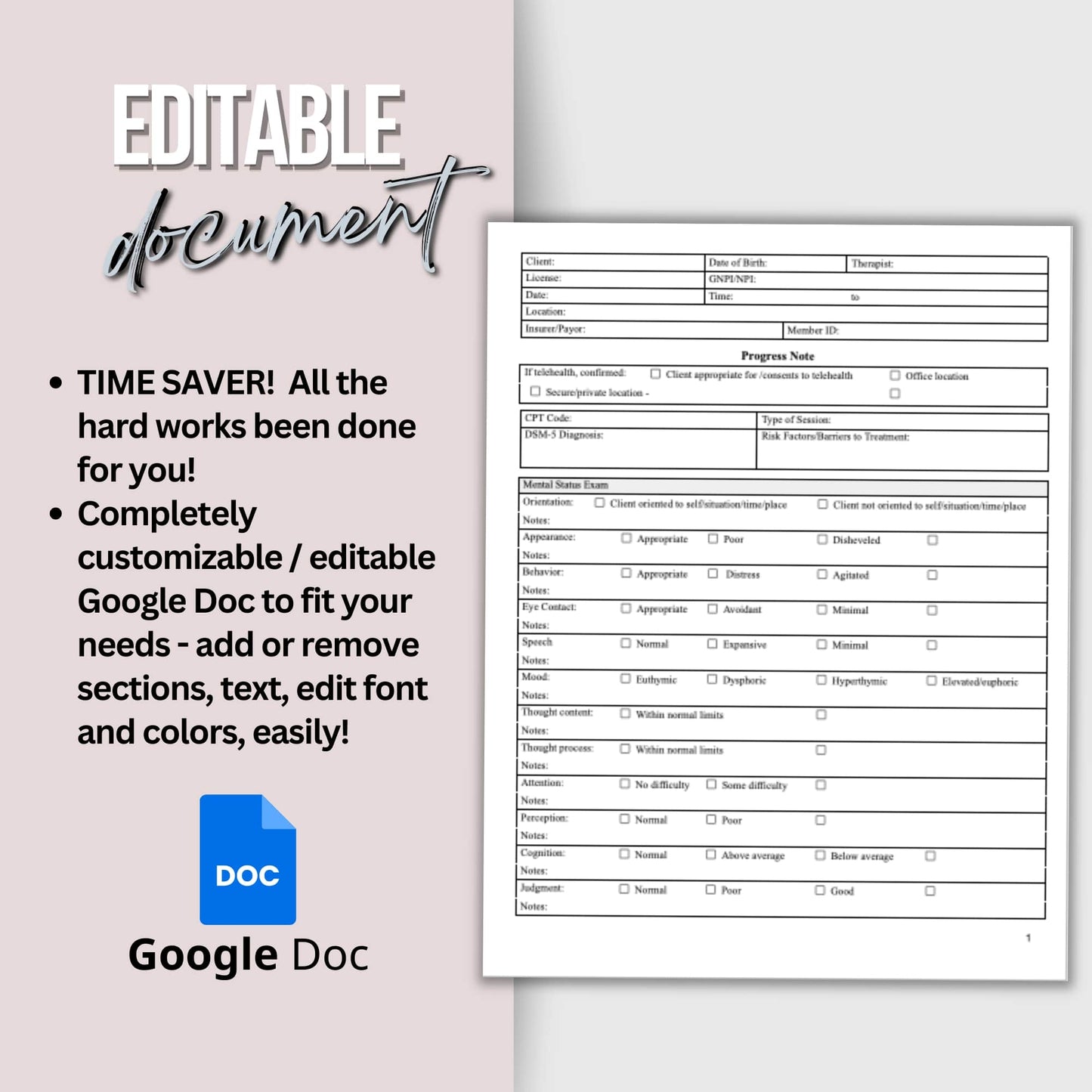 Progress note template with mental status exam (MSE) designed specially for mental health counselors and therapists. Elevate your counseling office with this template, crafted to streamline your therapy session notes Progress note template with mental status exam (MSE) designed specially for mental health counselors and therapists.