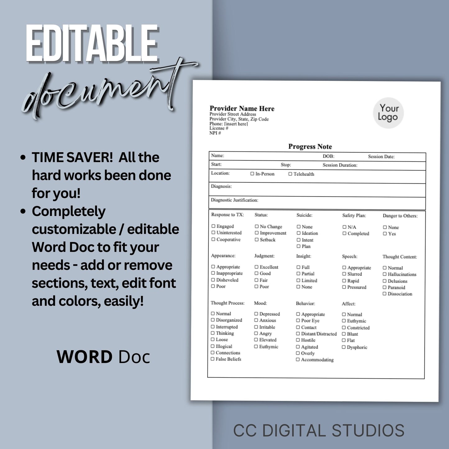 Progress note template, perfect for your therapy notes. &nbsp;This fully editable counseling template is designed specifically for therapists, psychologists, social workers, and counselors working in the field of mental health. 