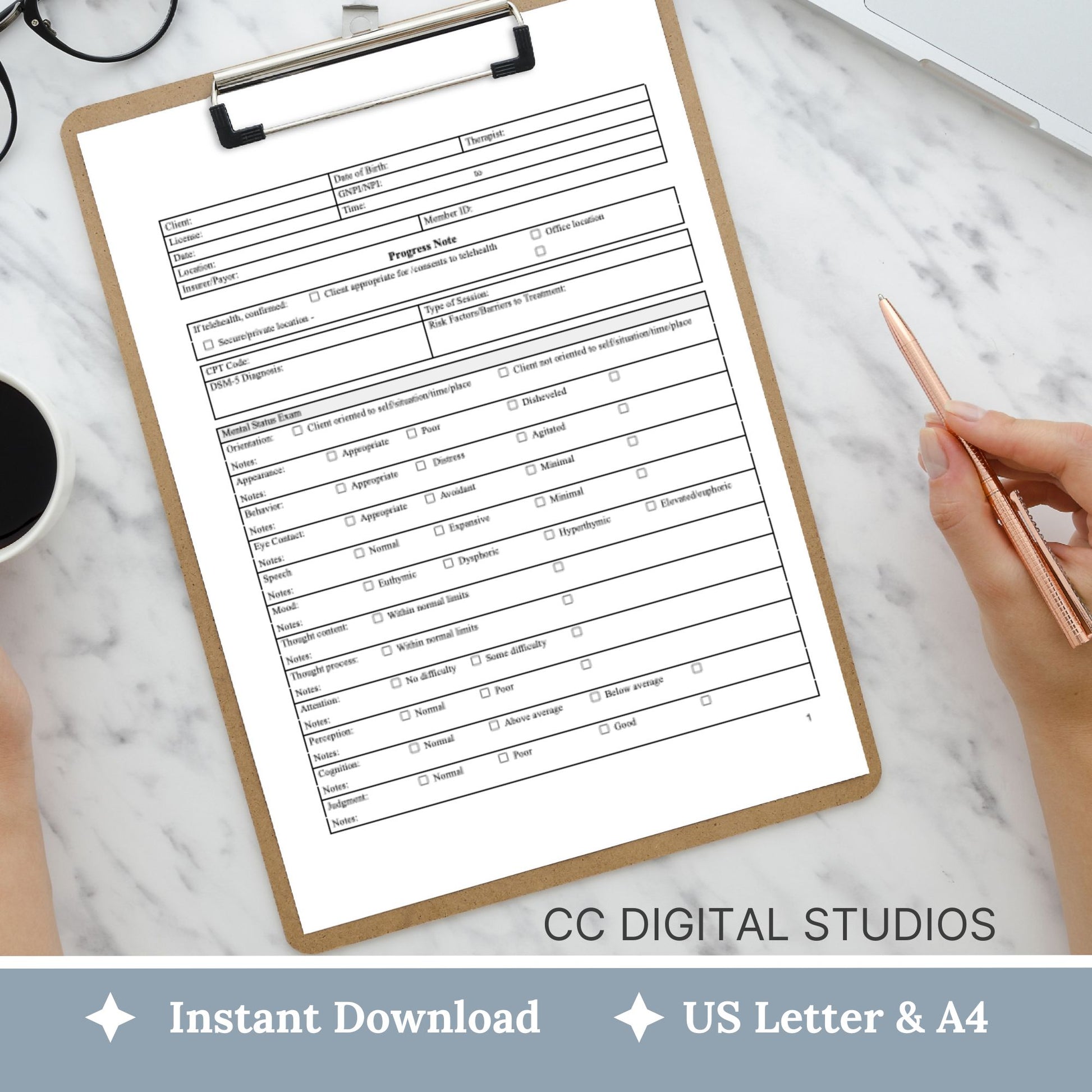 Progress note template with mental status exam (MSE) designed specially for mental health counselors and therapists.