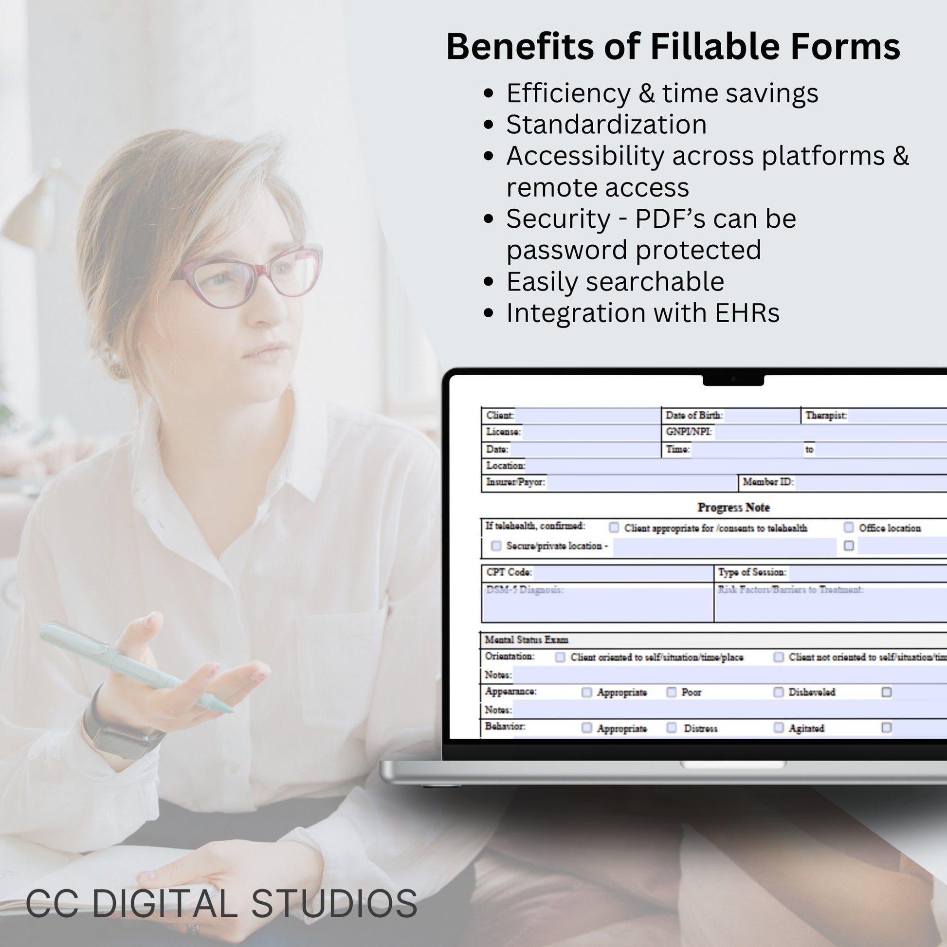 Progress note template with mental status exam (MSE) designed specially for mental health counselors and therapists.