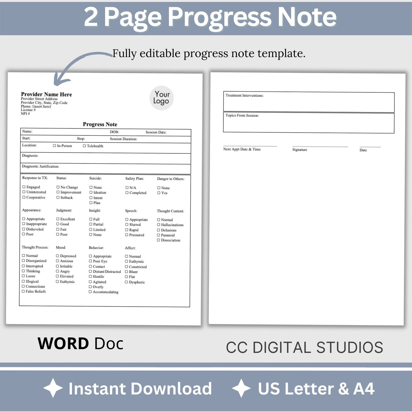 Progress Note Template: Editable WORD Doc – CCDigitalStudios