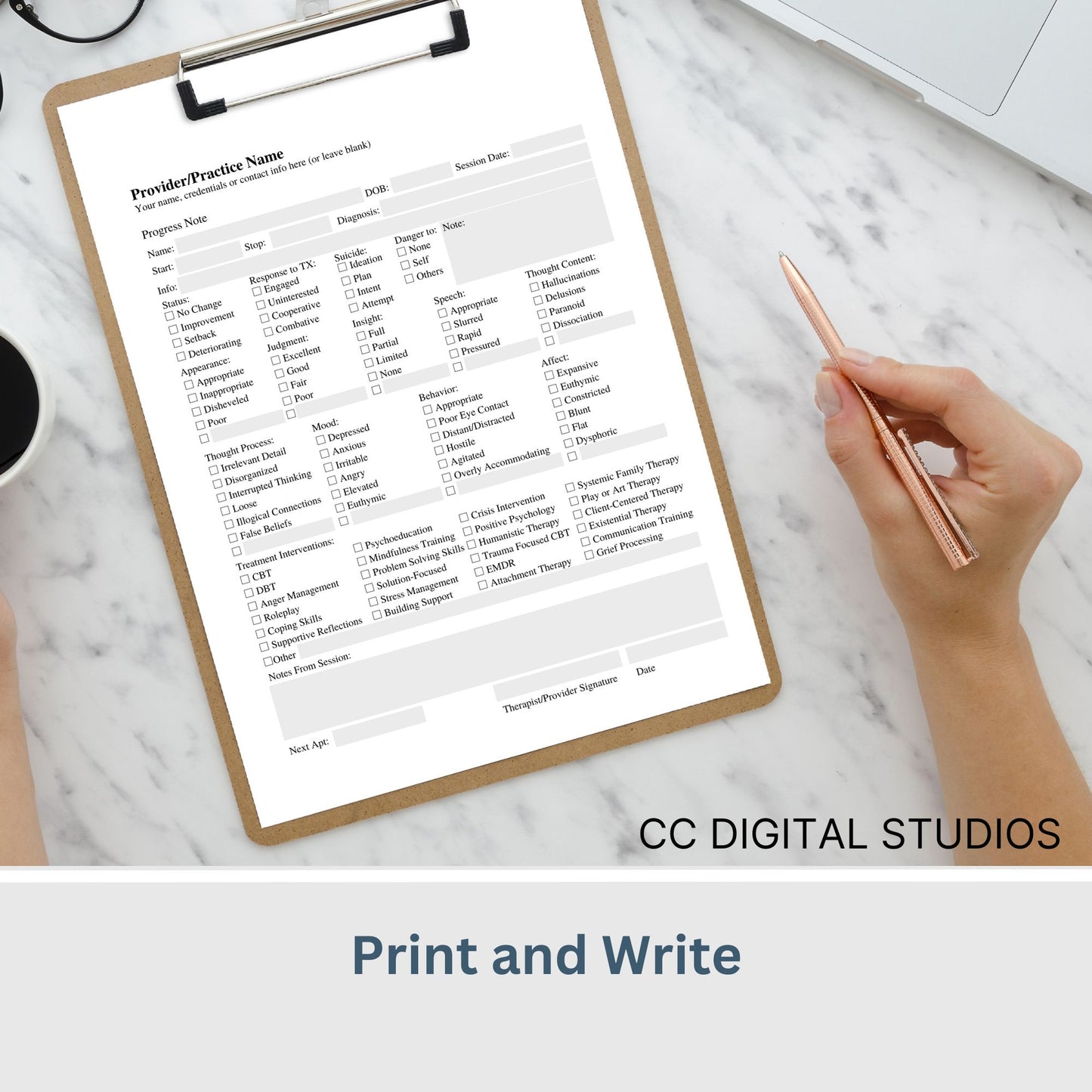 Convenient 1 page progress note template designed specially for Mental Health Counselors and Therapists. User-friendly template, crafted to streamline your therapy session notes and psychotherapy documentation.