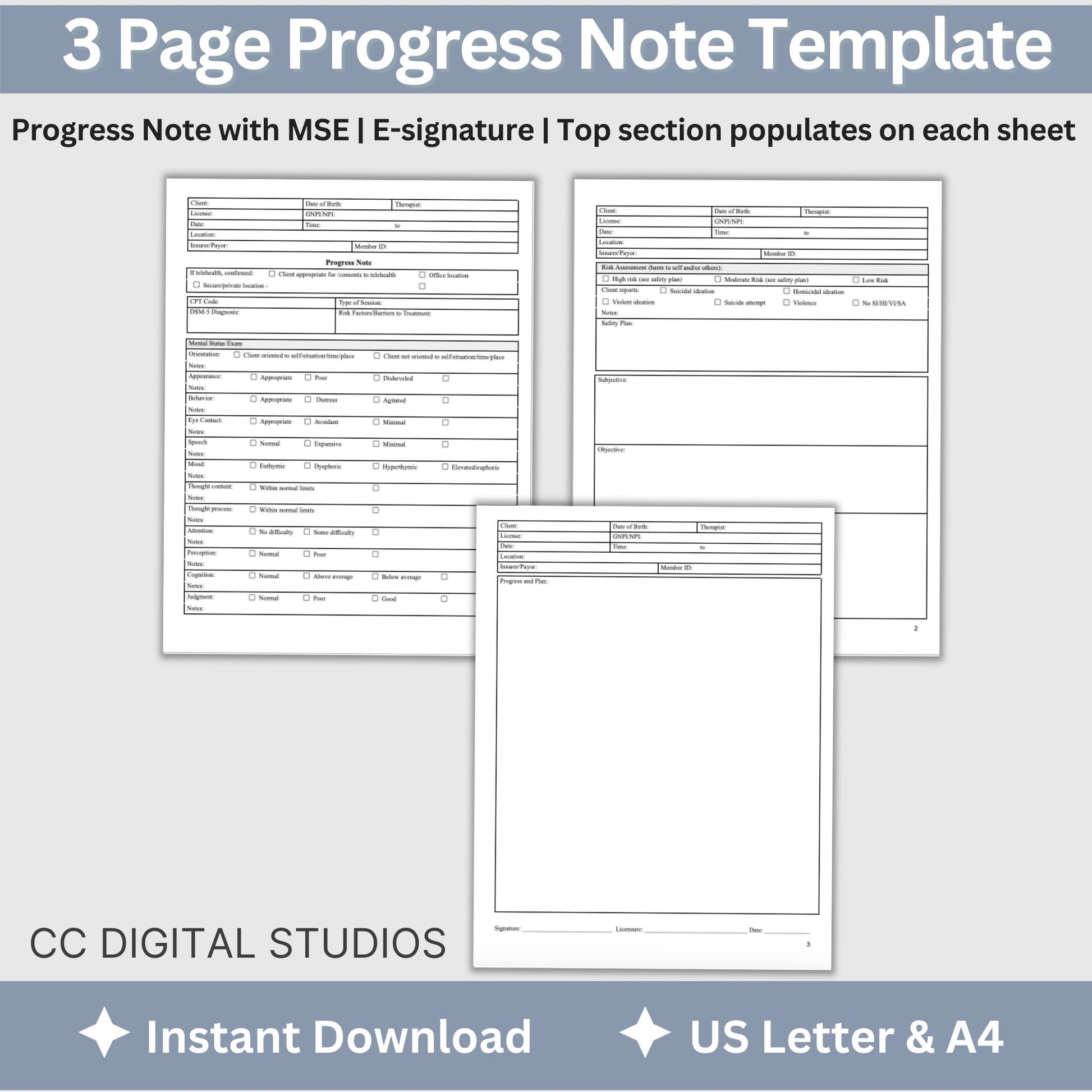 Progress note template with mental status exam (MSE) designed specially for mental health counselors and therapists.