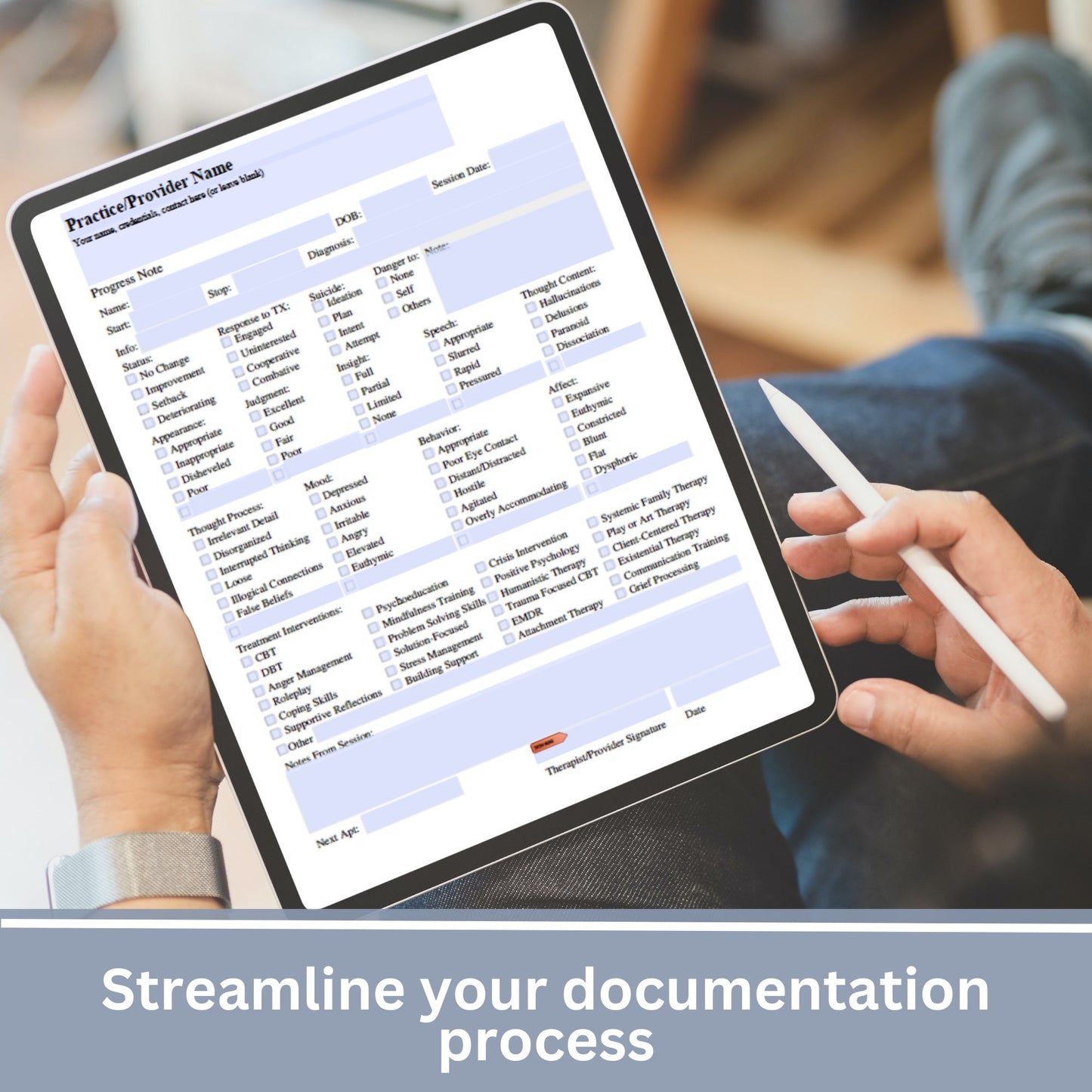 Convenient 1 page progress note template designed specially for Mental Health Counselors and Therapists. User-friendly template, crafted to streamline your therapy session notes and psychotherapy documentation.