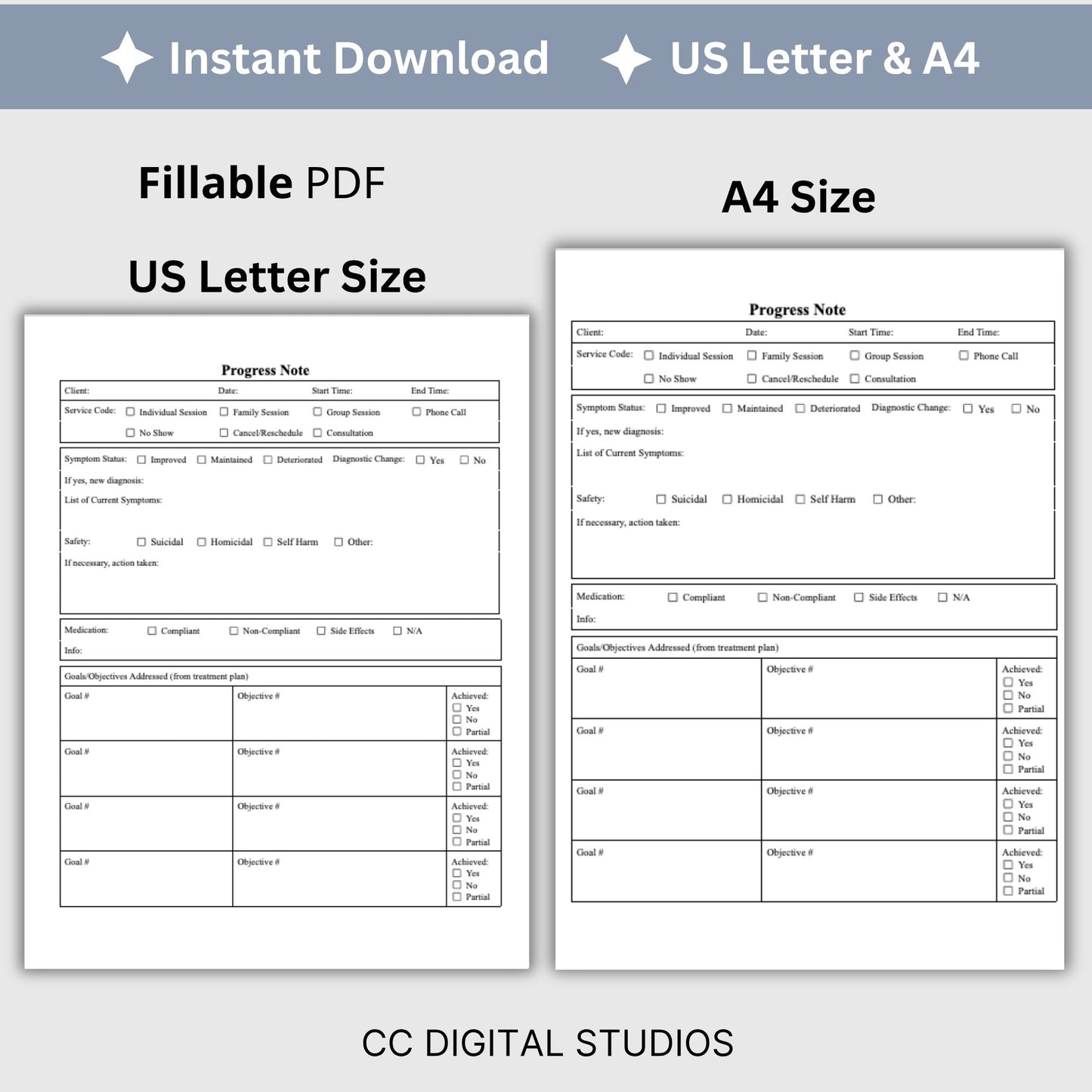 Mental Health Progress Note: Counselor & Therapist Forms (Fillable PDF)