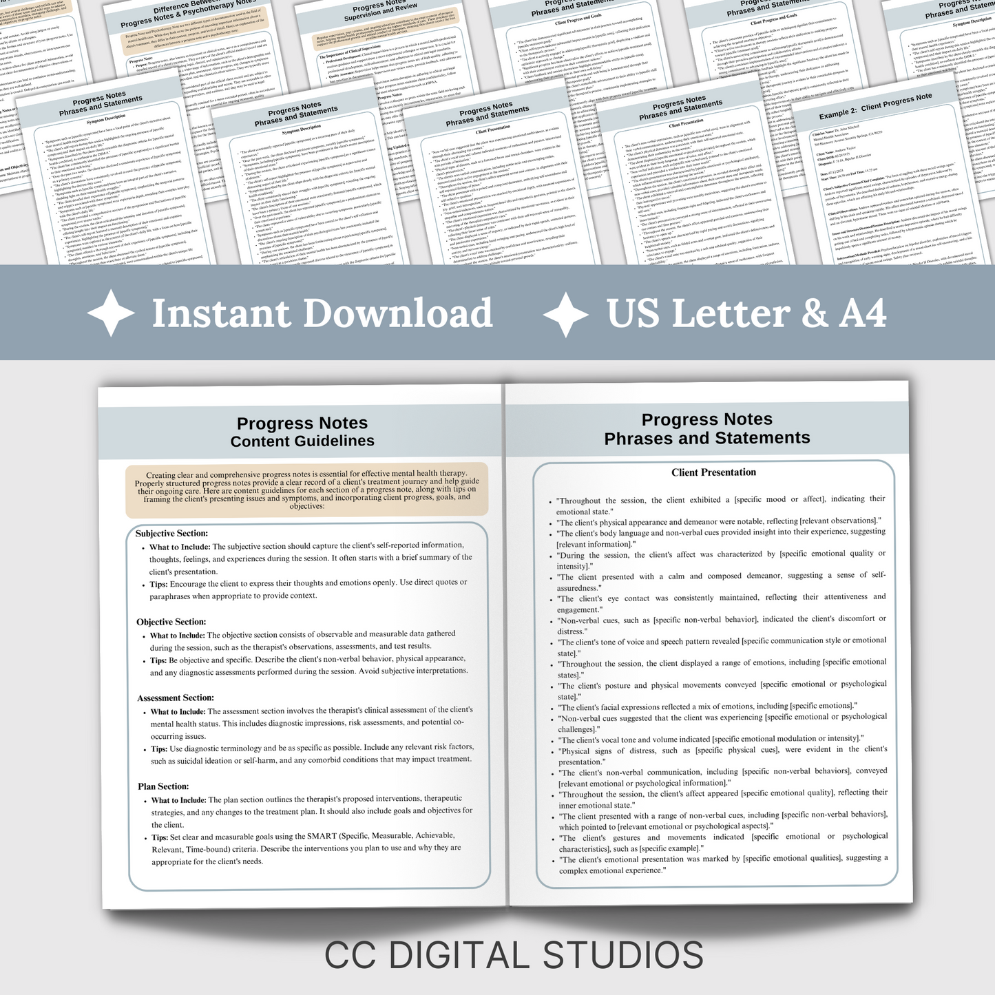 Elevate your note-writing game with our Comprehensive Mental Health Progress Note Guide! Designed to streamline your progress note process, providing a wealth of examples and prompts to enhance the verbiage of your notes.