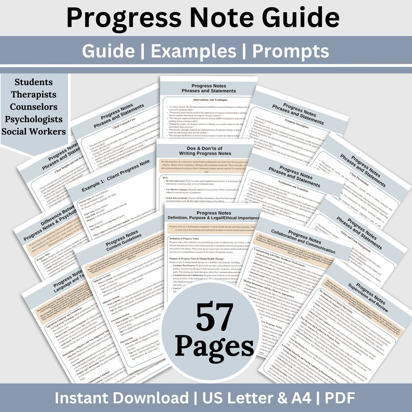 Elevate your note-writing game with our Comprehensive Mental Health Progress Note Guide! Designed to streamline your progress note process, providing a wealth of examples and prompts to enhance the verbiage of your notes.