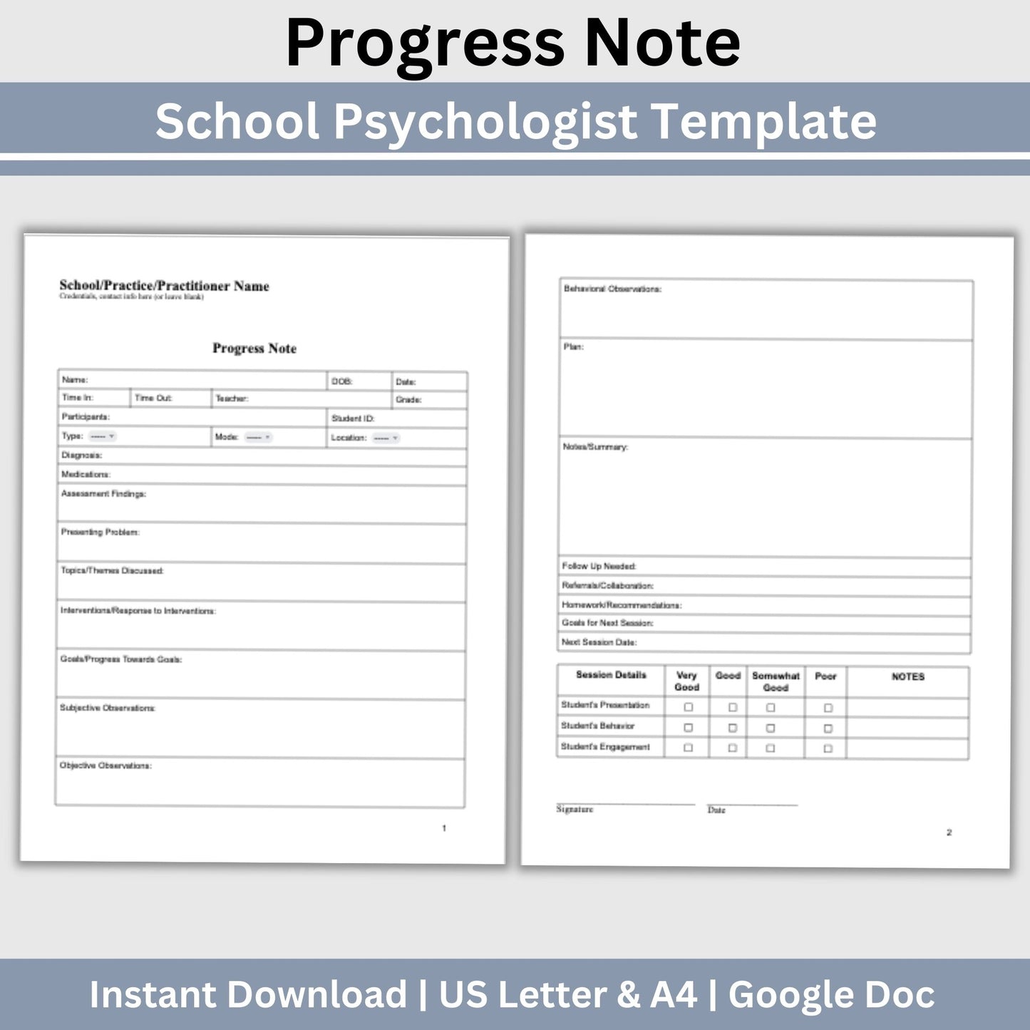 Progress Note for School Psychologists, School Counselor Template, Counseling Resources, School Social Worker Progress Note Template.  Therapy goals, therapy intervention, therapy notes, therapist template