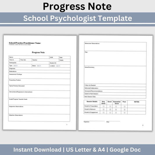 Progress Note for School Psychologists, School Counselor Template, Counseling Resources, School Social Worker Progress Note Template.  Therapy goals, therapy intervention, therapy notes, therapist template