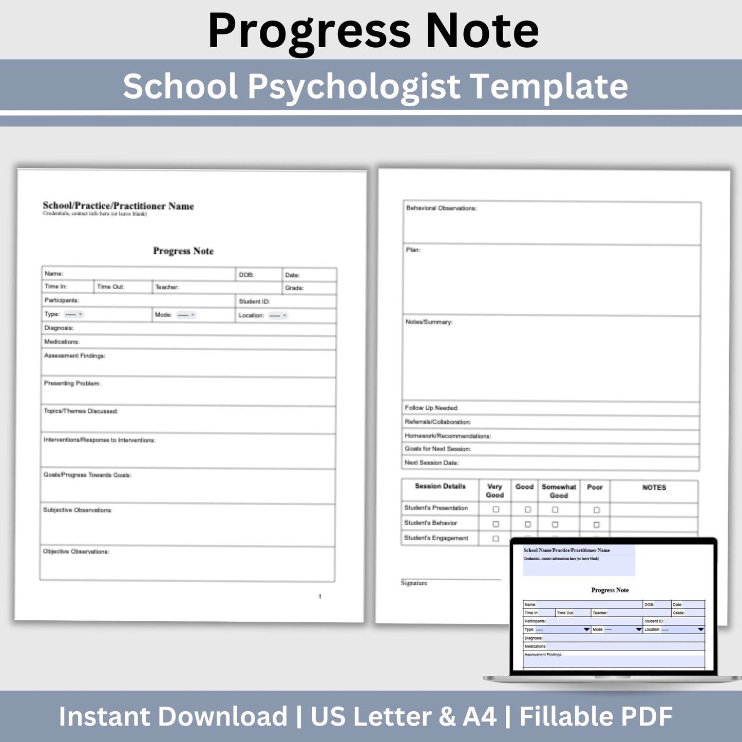 Progress Note for School Psychologists, School Counselor Template, Counseling Resources, School Social Worker Progress Note Template.  Therapy goals, therapy intervention, therapy notes, therapist template