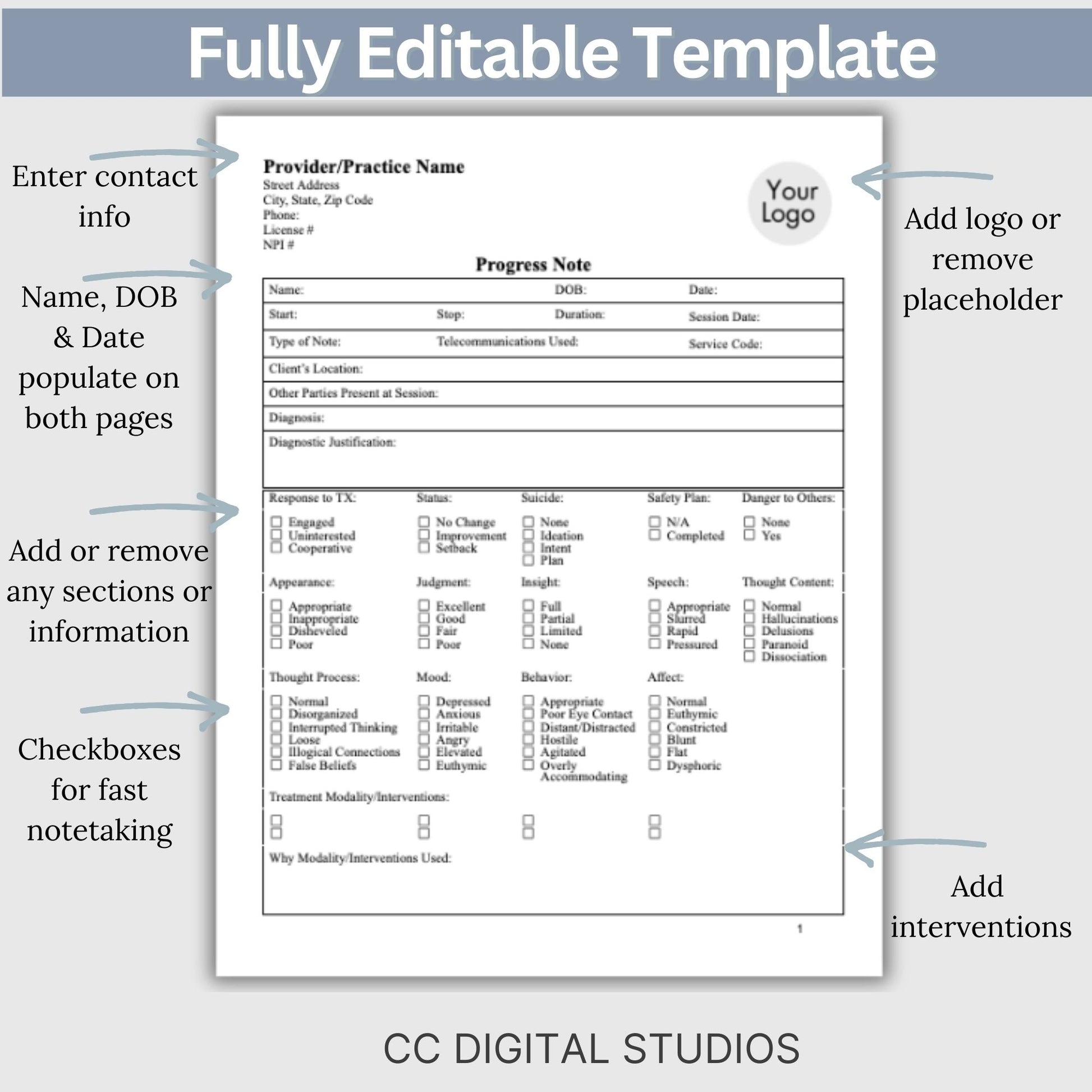 Enhance your counseling office by utilizing our fully editable Google Doc Progress Notes therapist template designed for streamlining documentation processes, enhancing client care, and keeping the private practice organized.