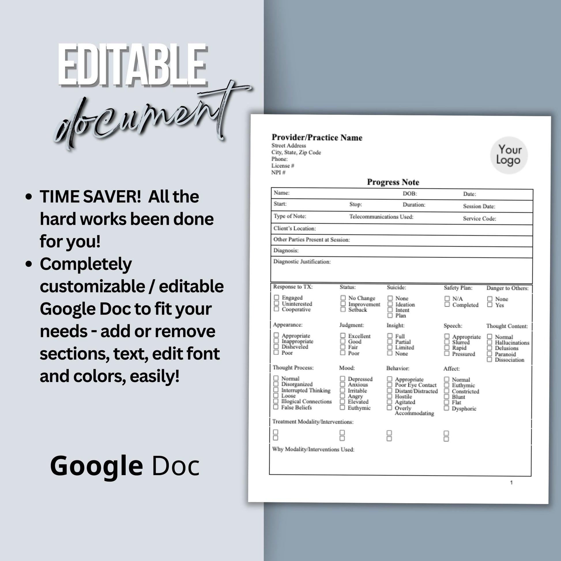 Enhance your counseling office by utilizing our fully editable Google Doc Progress Notes therapist template designed for streamlining documentation processes, enhancing client care, and keeping the private practice organized.