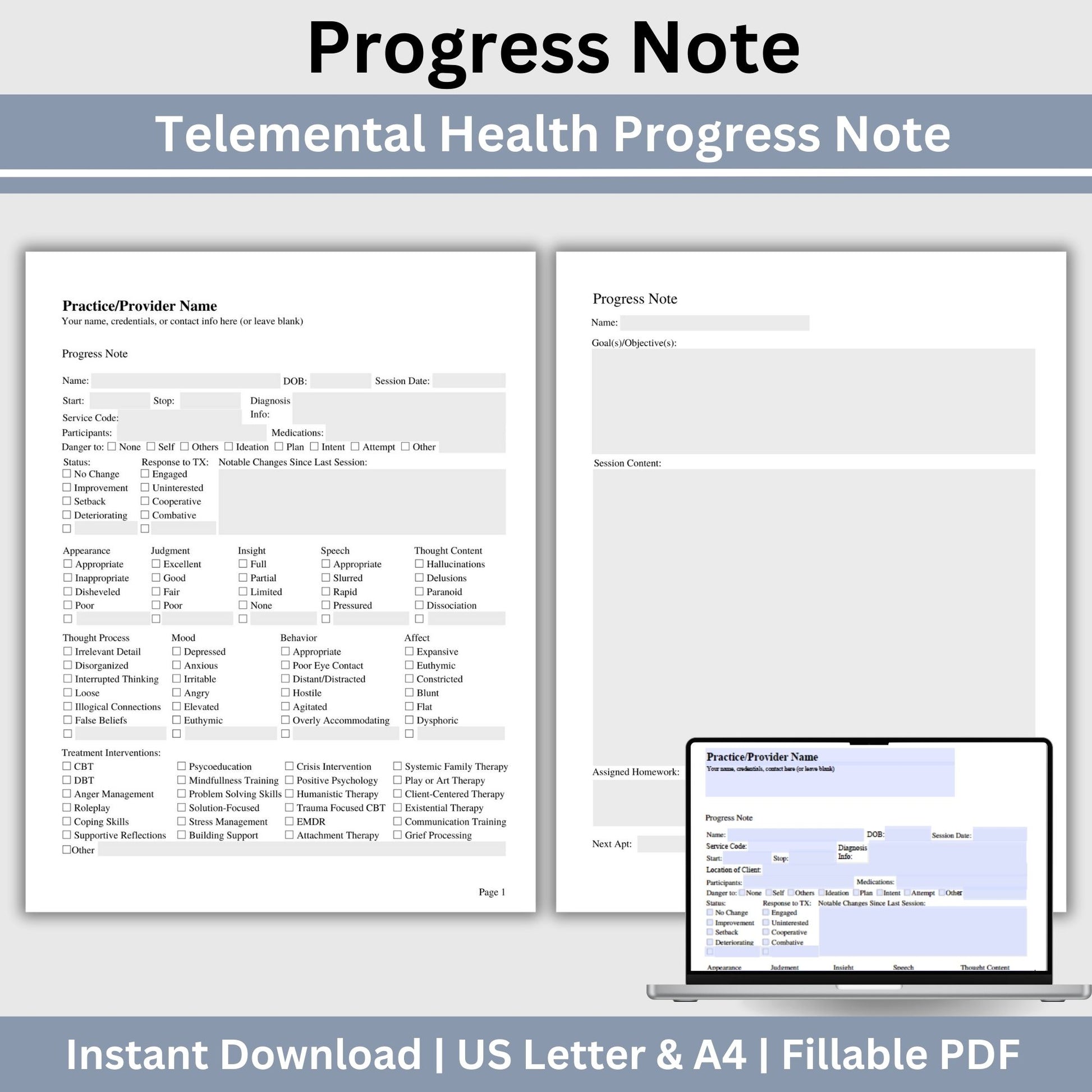 Progress Note, specifically designed for Telemental Health.  Progress note therapist tool for documentation.  Therapist office paperwork made easy with this fillable template. Therapist Planner, psychology, therapy notes, telehealth