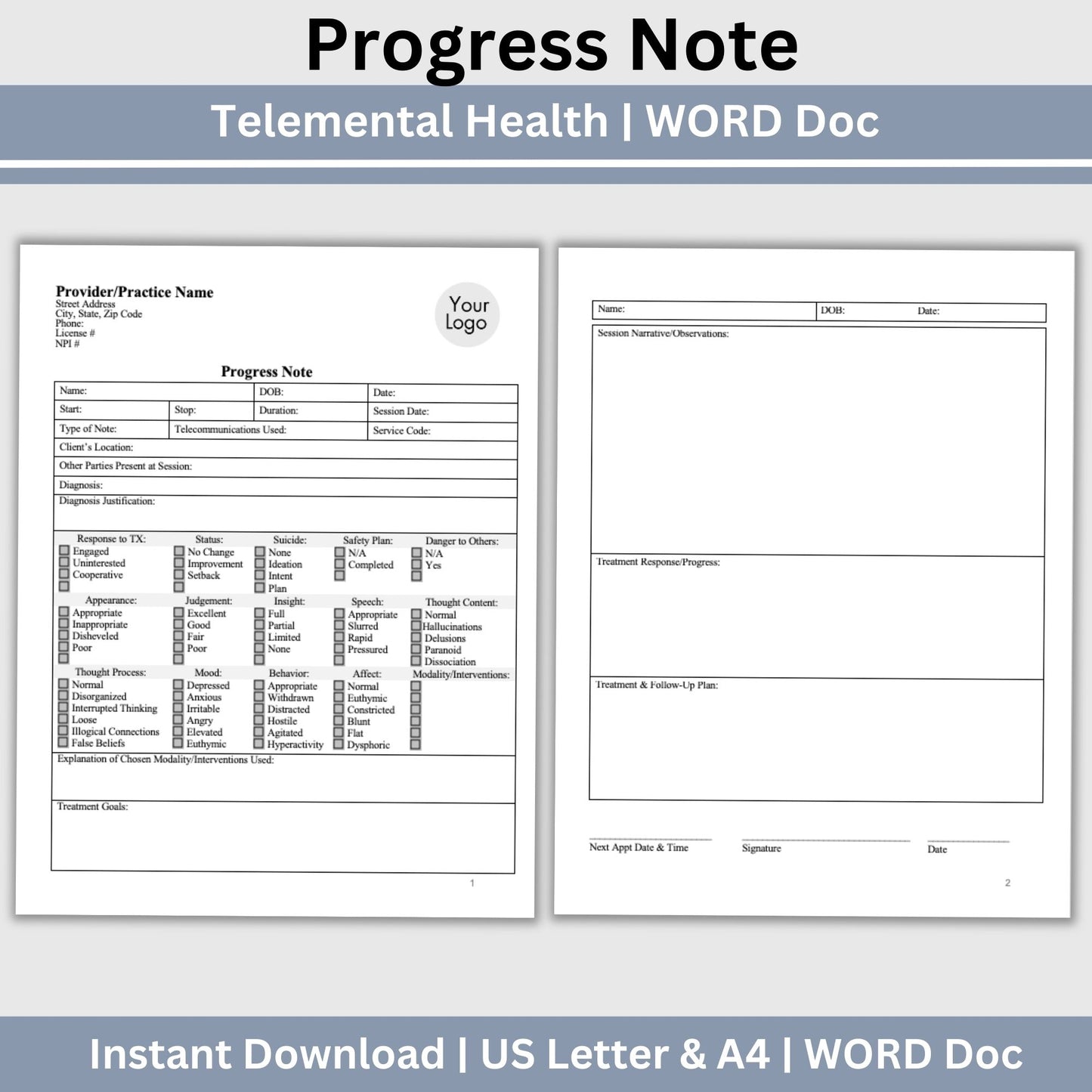 Progress note designed with telemental health in mind.  Don&#39;t struggle with creating your own forms. Perfect for school counselors, social workers, therapist office, counseling offices, psychologists.