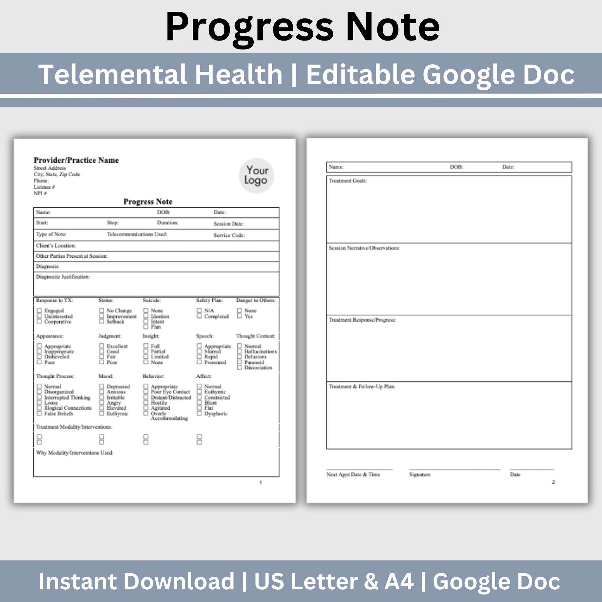 Enhance your counseling office by utilizing our fully editable Google Doc Progress Notes therapist template designed for streamlining documentation processes, enhancing client care, and keeping the private practice organized.