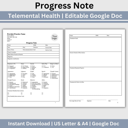 Enhance your counseling office by utilizing our fully editable Google Doc Progress Notes therapist template designed for streamlining documentation processes, enhancing client care, and keeping the private practice organized.