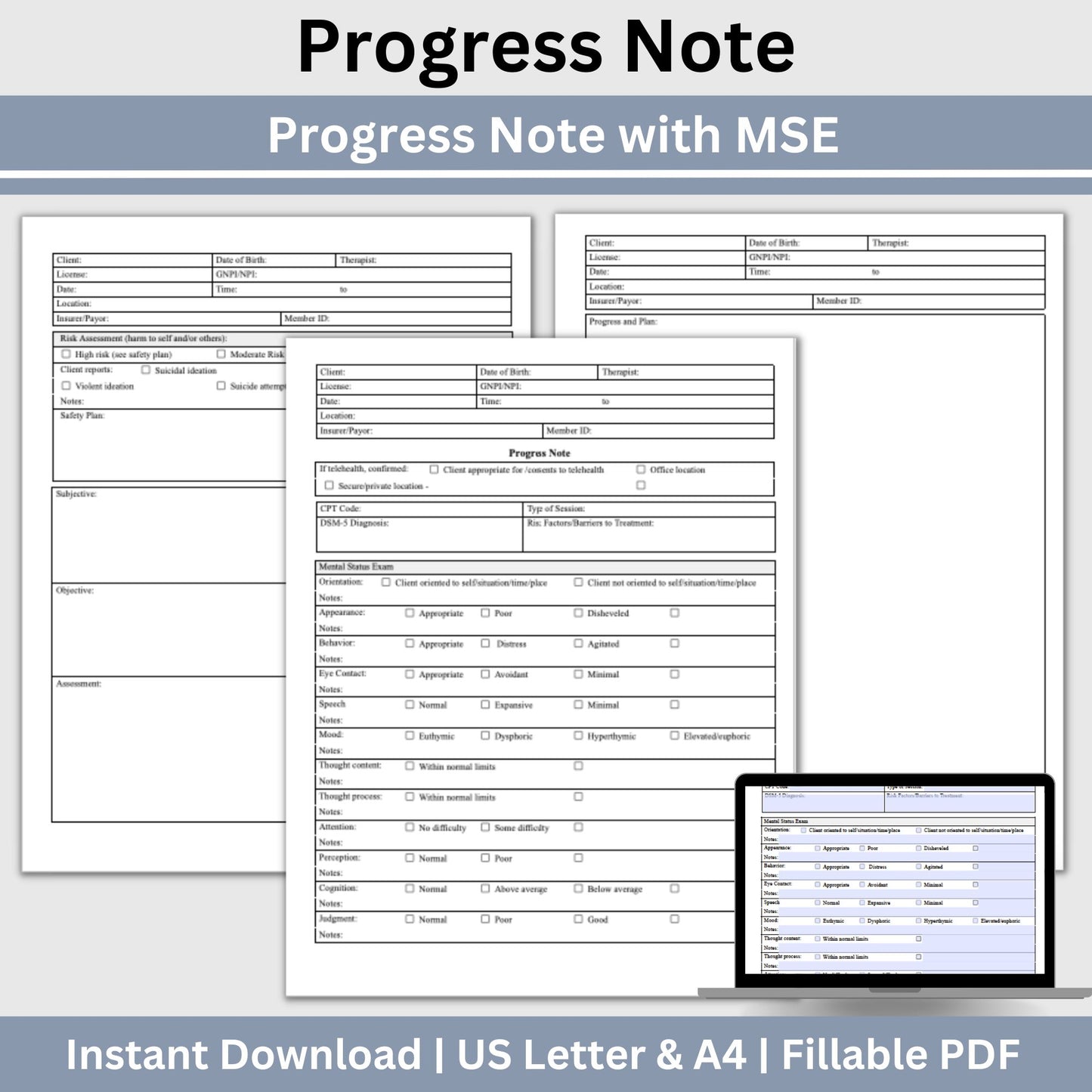 Progress note template with mental status exam (MSE) designed specially for mental health counselors and therapists.