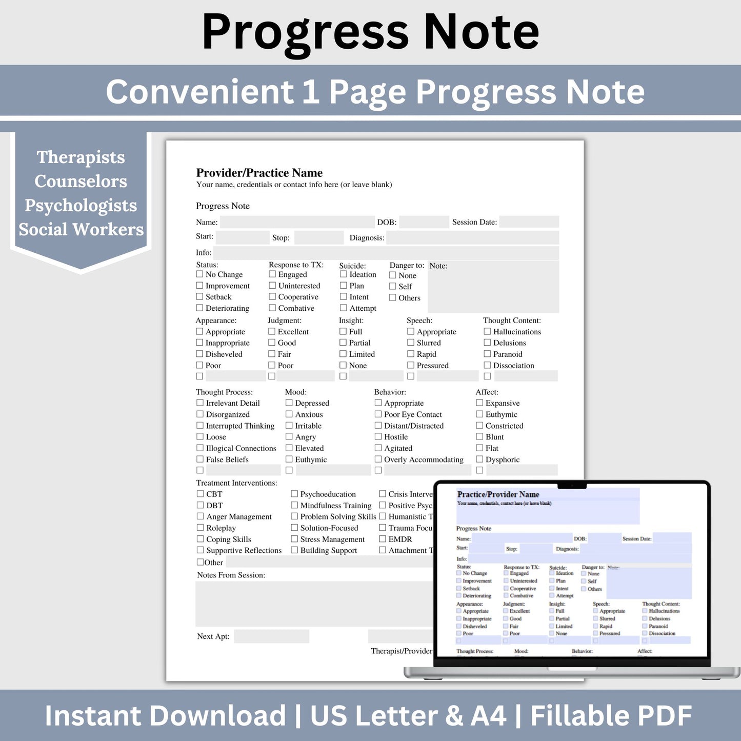 Convenient 1 page progress note template designed specially for Mental Health Counselors and Therapists. User-friendly template, crafted to streamline your therapy session notes and psychotherapy documentation.