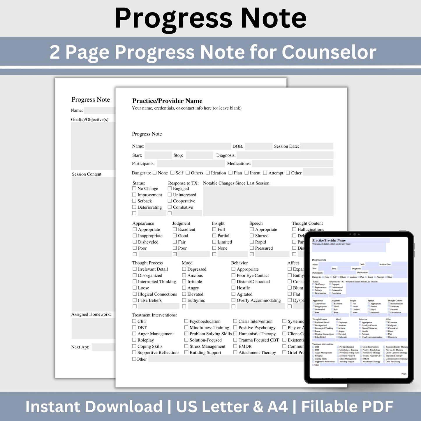 Therapy progress notes template designed specially for Mental Health Counselors and Therapists. Elevate your counseling office documentation with this user-friendly therapist template
