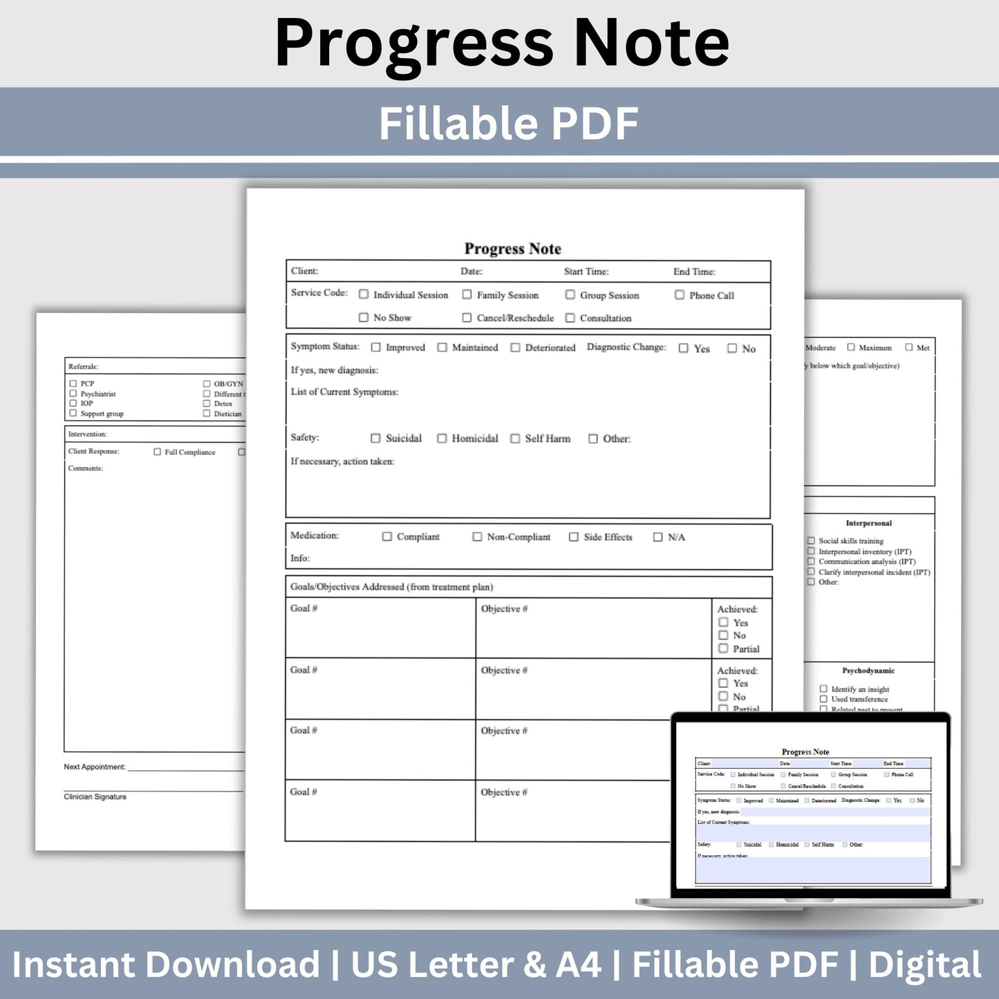 Mental Health Progress Note: Counselor & Therapist Forms (Fillable PDF)