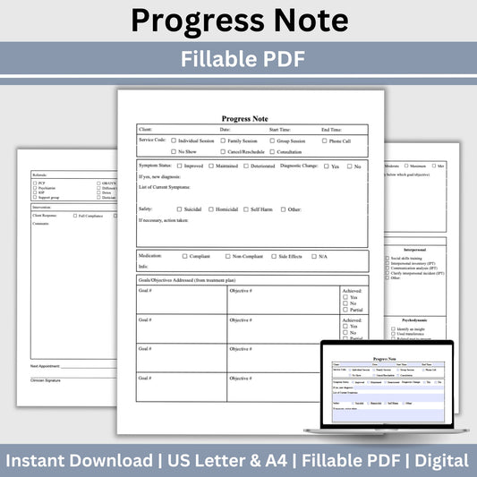 Mental Health Progress Note: Counselor & Therapist Forms (Fillable PDF)