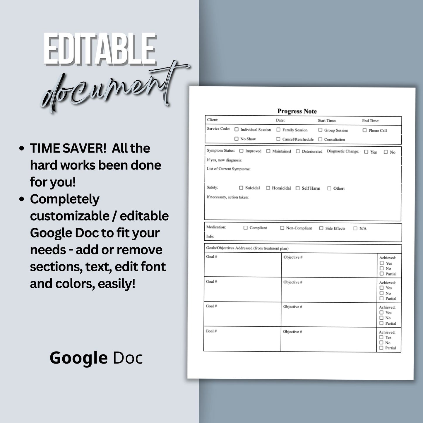 Progress Note Template for Mental Health Counselors:  Google Doc
