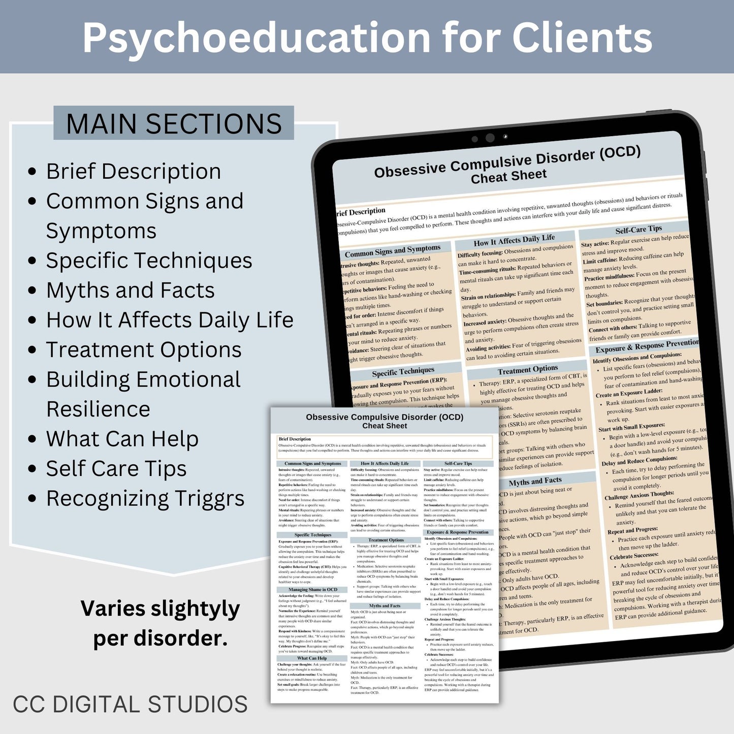 Psychiatric Disorders Therapy Cheat Sheet Bundle, Psychoeducation for Client and Cheat Sheet for Counselors - 15 Disorder Bundle