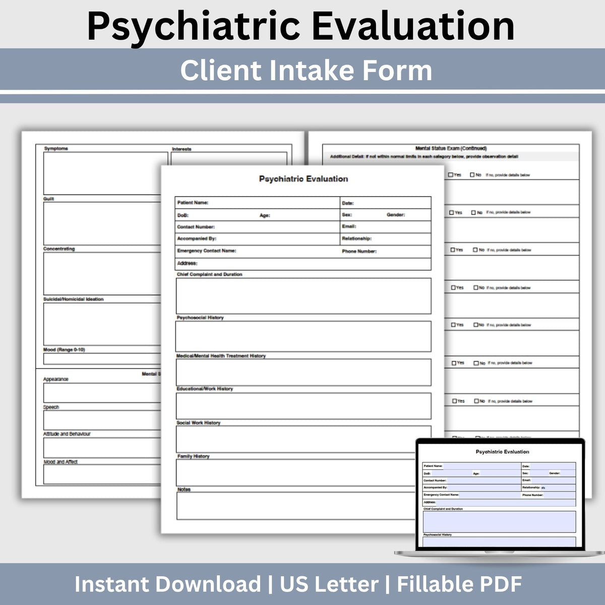 Psychiatric Evaluation Template, Mental Health Assessment & Mental Status Exam Fillable PDF