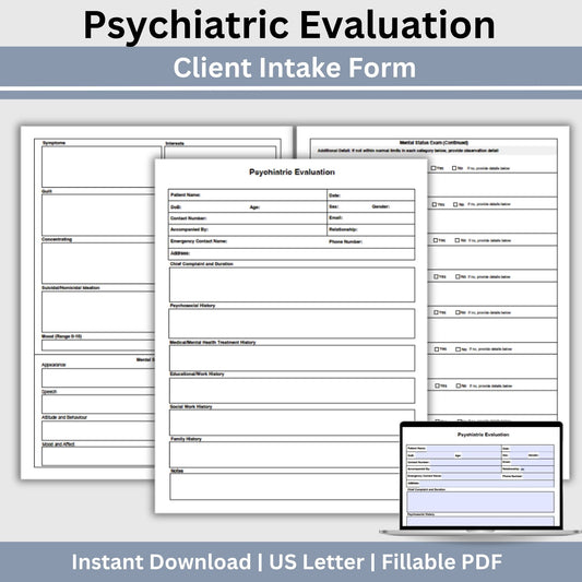 Psychiatric Evaluation Template, Mental Health Assessment & Mental Status Exam Fillable PDF