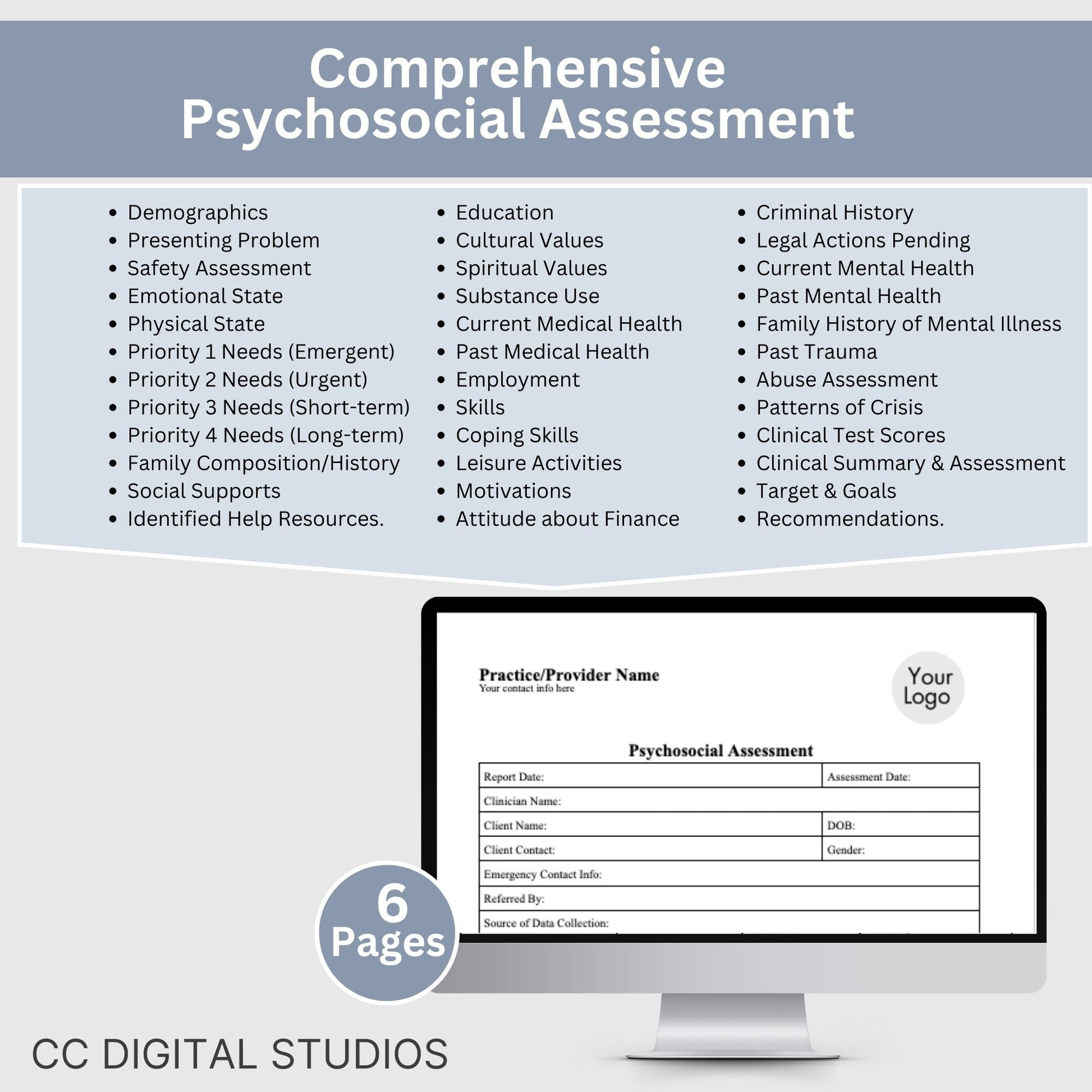 Psychosocial Assessment template, specifically designed for social workers, school counselors, school psychologists, and case managers.  Therapist template streamlines the documentation process for therapy notes and progress notes. Psychoanalysis